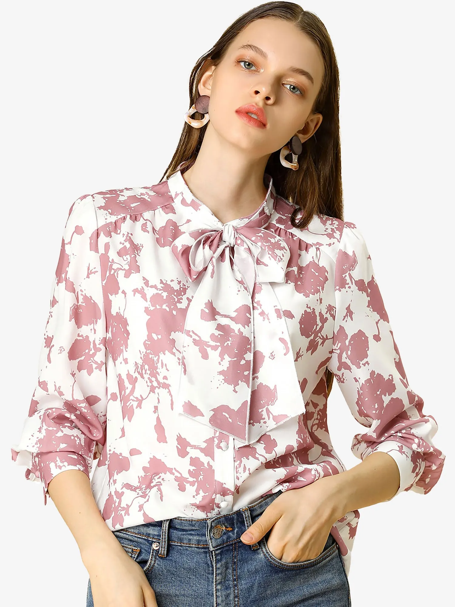 Bow Tie Long Sleeve Contrast Color Vintage Floral Blouse sold by Allegra K