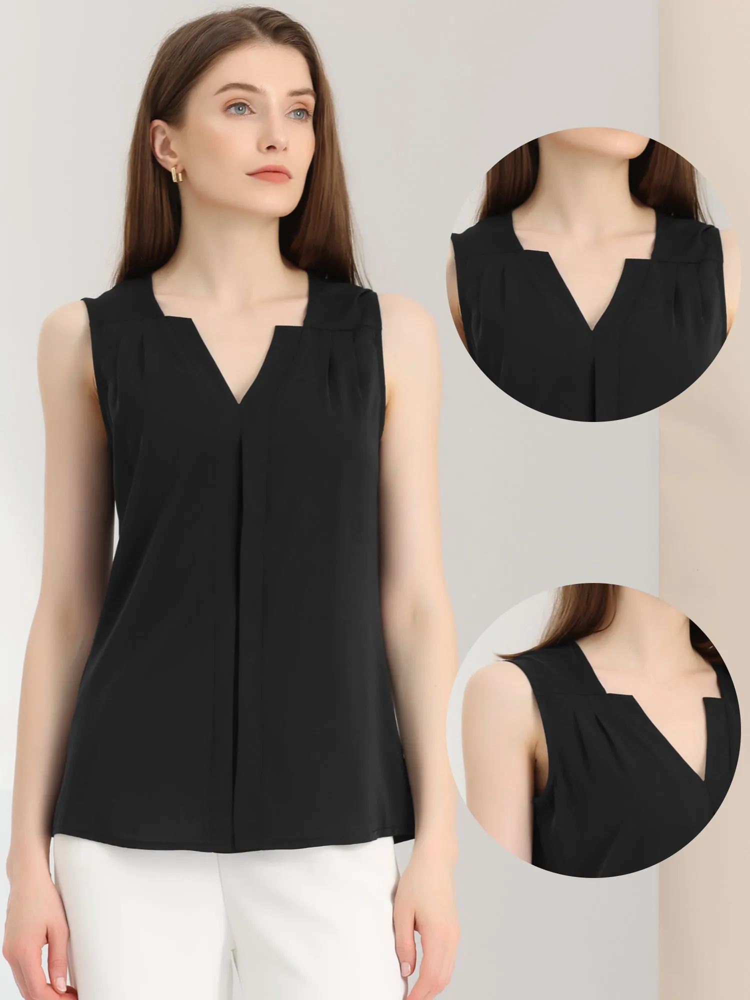 Sleeveless Work Top Pleated Chiffon V Neck Blouse sold by Allegra K product image thumbnail 2