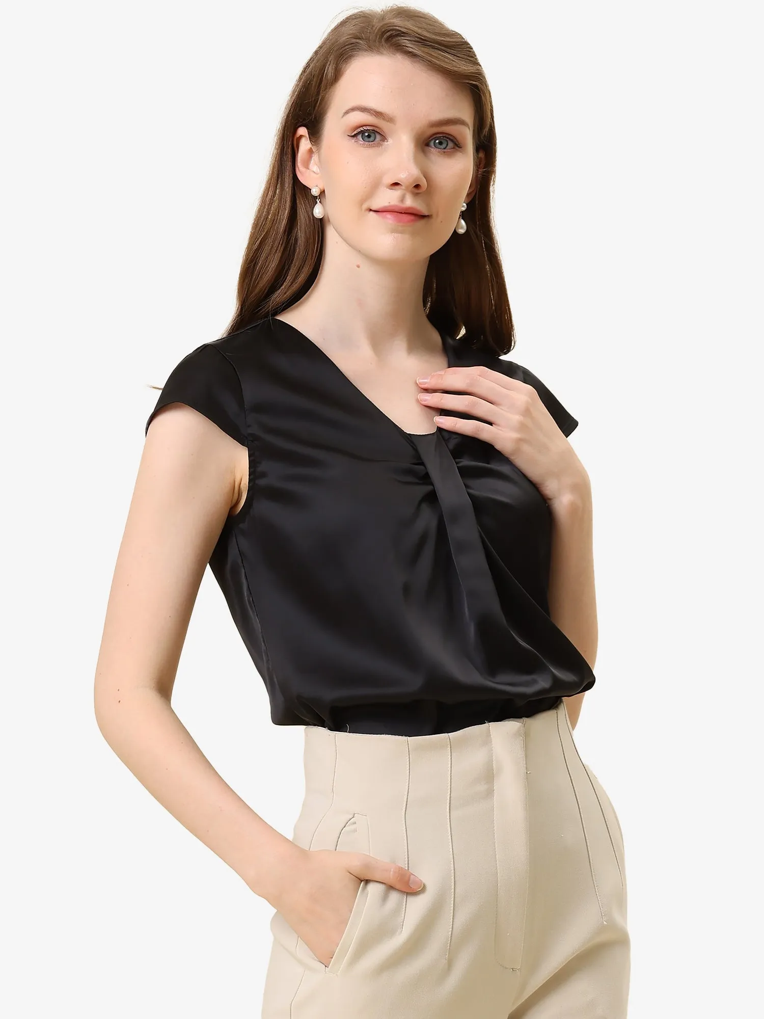Office Blouse Elegant Cap Sleeve Lightweight V Neck Top sold by Allegra K