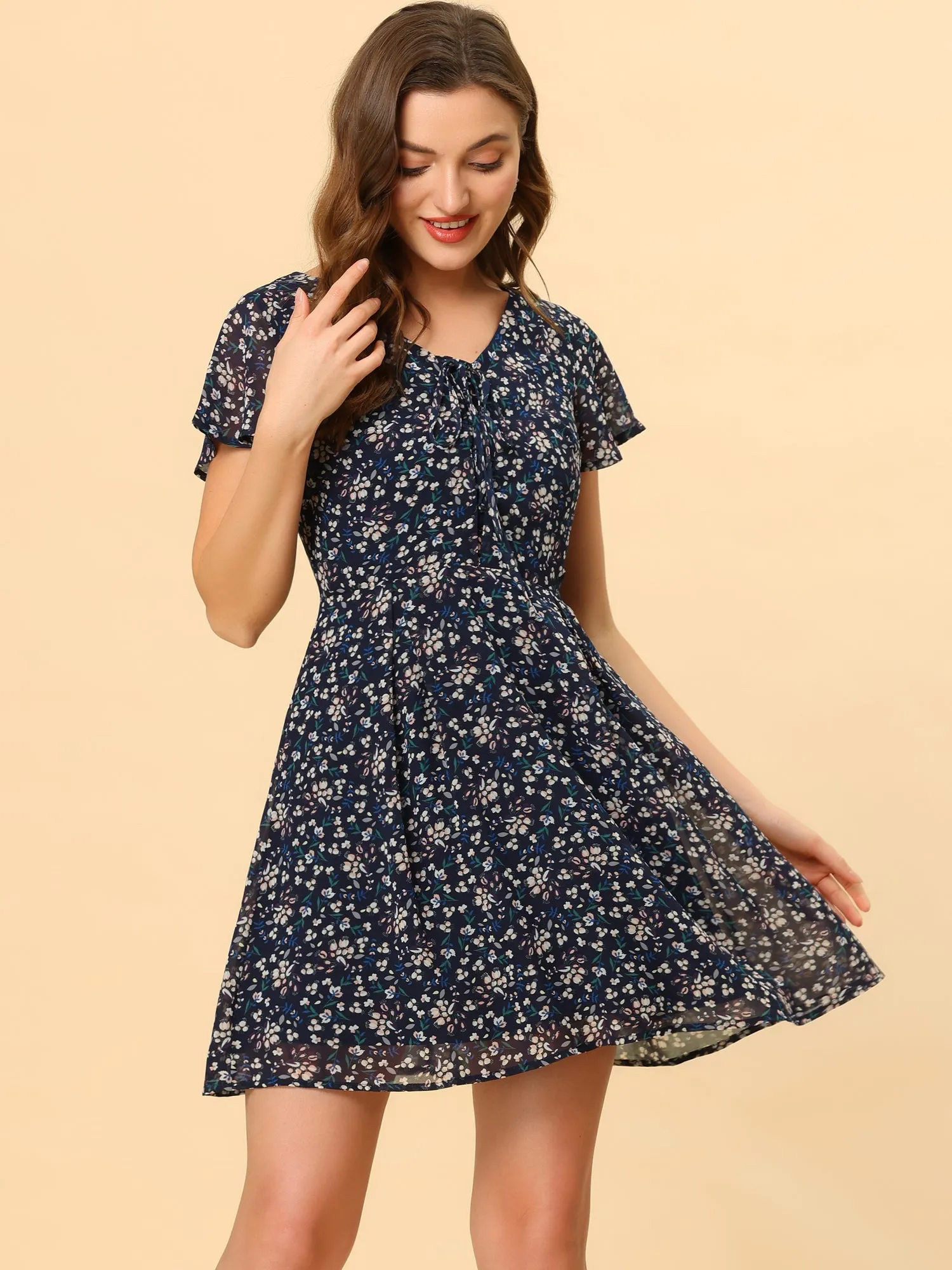 Floral Printed Flare Short Sleeve Lace-up V Neck Chiffon Dress sold by Allegra K product image thumbnail 2