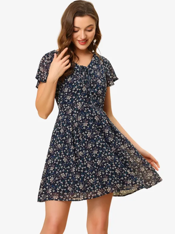 Floral Printed Flare Short Sleeve Lace-up V Neck Chiffon Dress sold by Allegra K