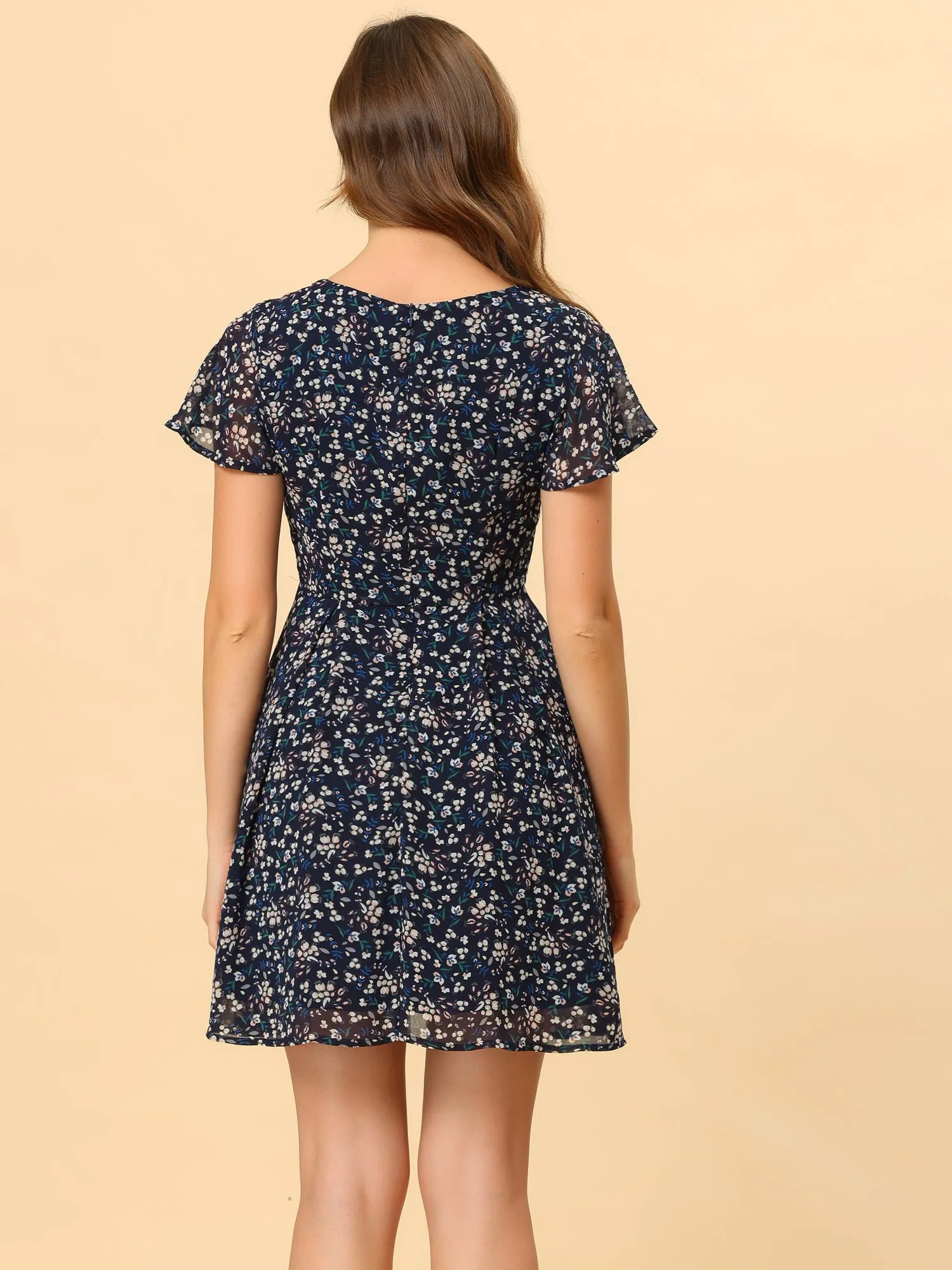 Floral Printed Flare Short Sleeve Lace-up V Neck Chiffon Dress sold by Allegra K product image thumbnail 4