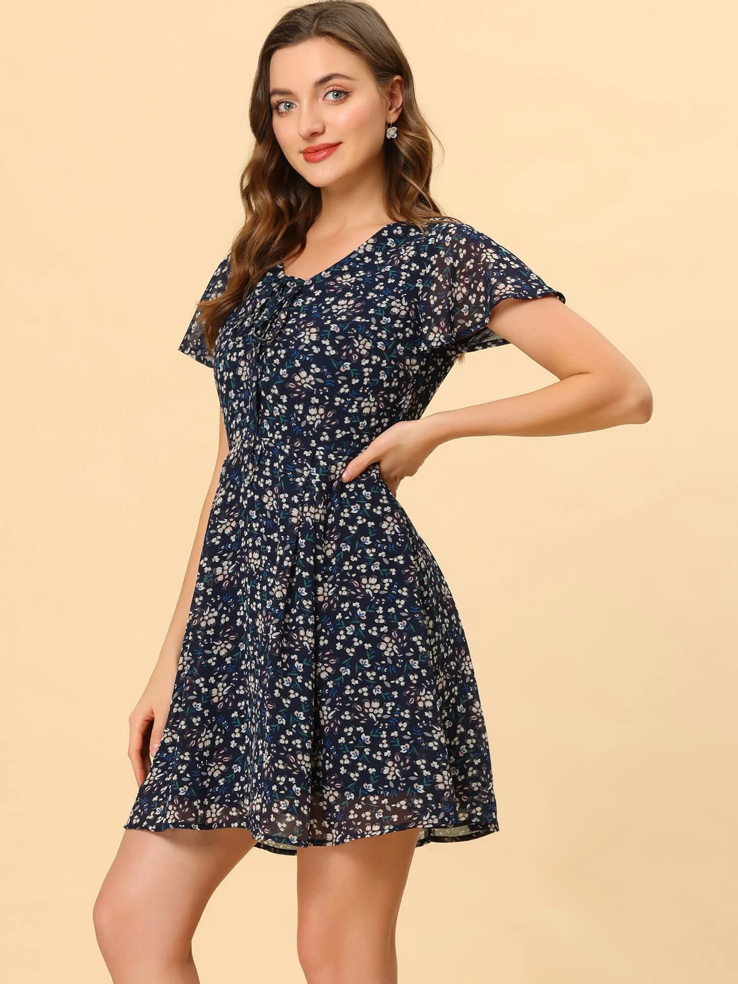 Floral Printed Flare Short Sleeve Lace-up V Neck Chiffon Dress sold by Allegra K product image thumbnail 3