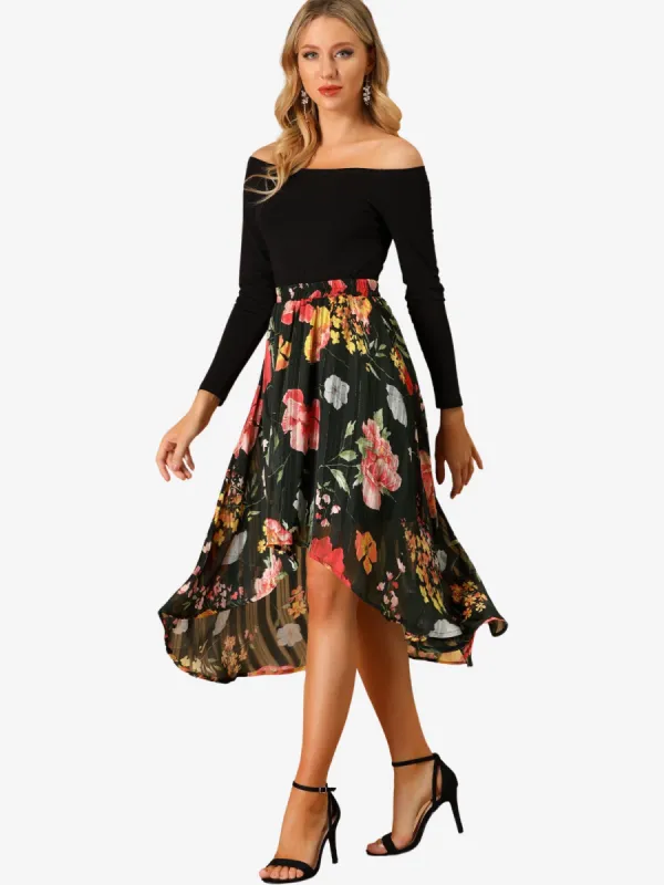 High Low Hem Elastic Waist Lurex Chiffon A-Line Midi Floral Skirt sold by Allegra K