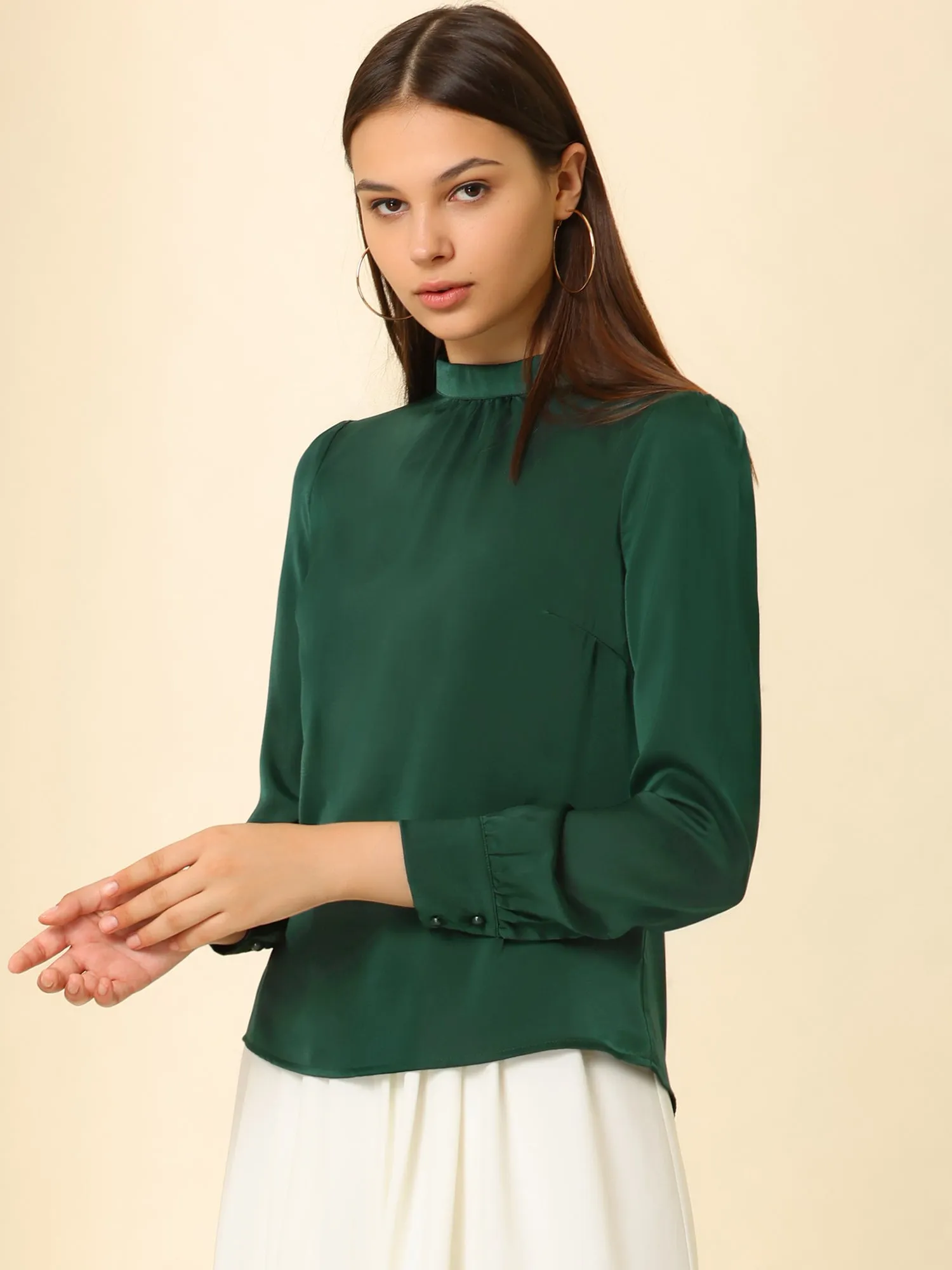 Satin Blouse Puff Sleeve Stand Collar Work Top sold by Allegra K product image thumbnail 3