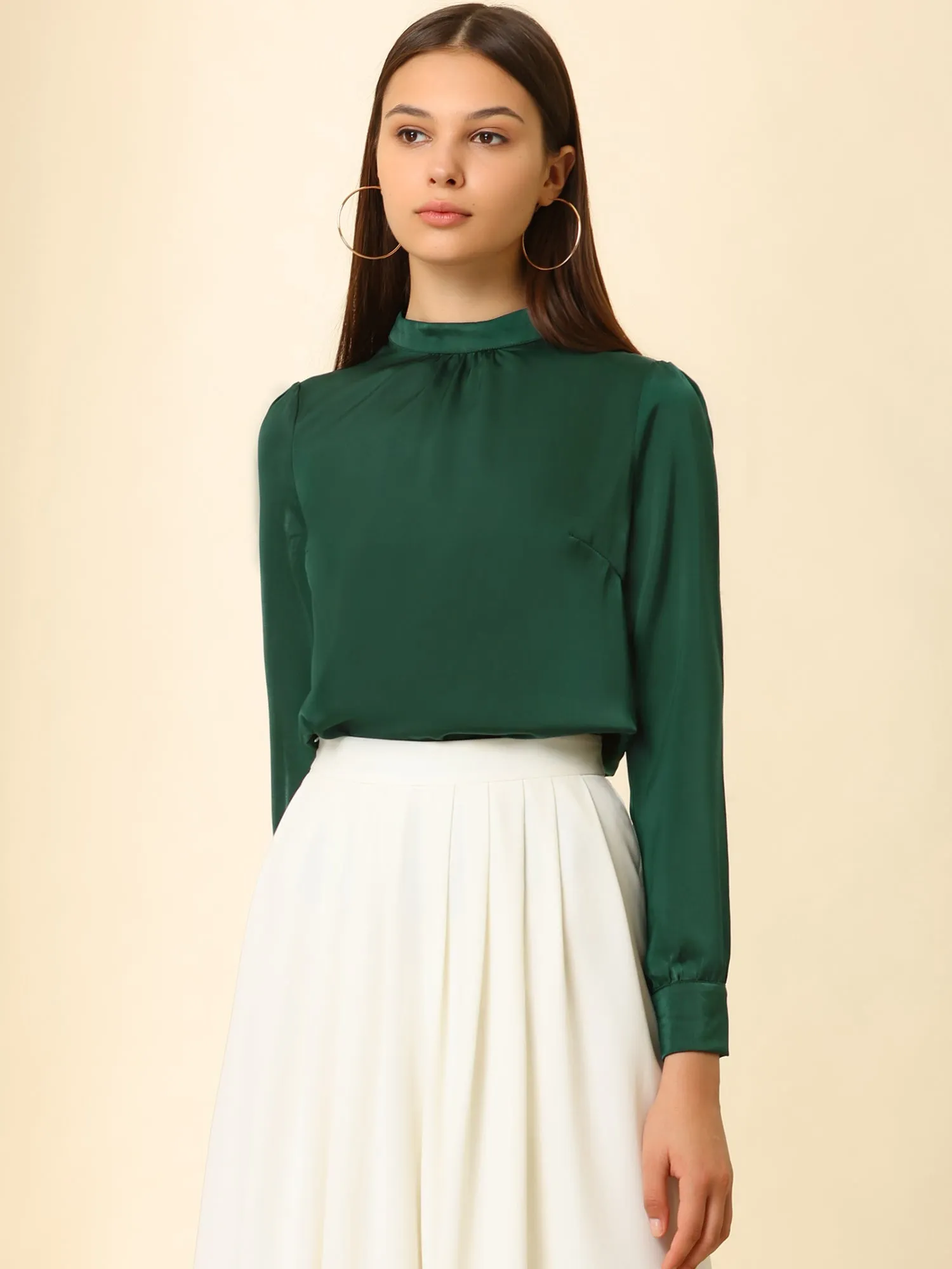 Satin Blouse Puff Sleeve Stand Collar Work Top sold by Allegra K product image thumbnail 2