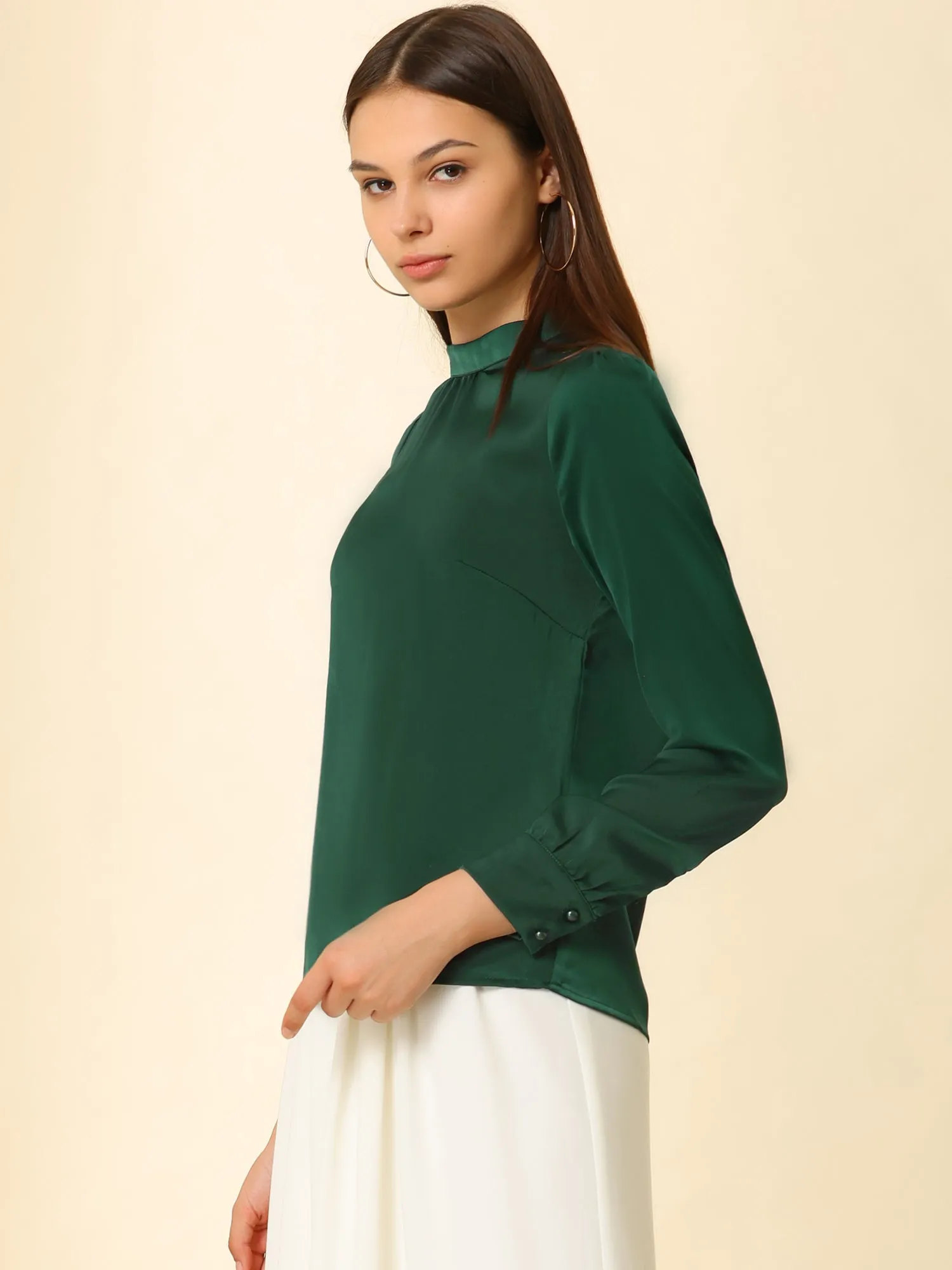 Satin Blouse Puff Sleeve Stand Collar Work Top sold by Allegra K product image thumbnail 4