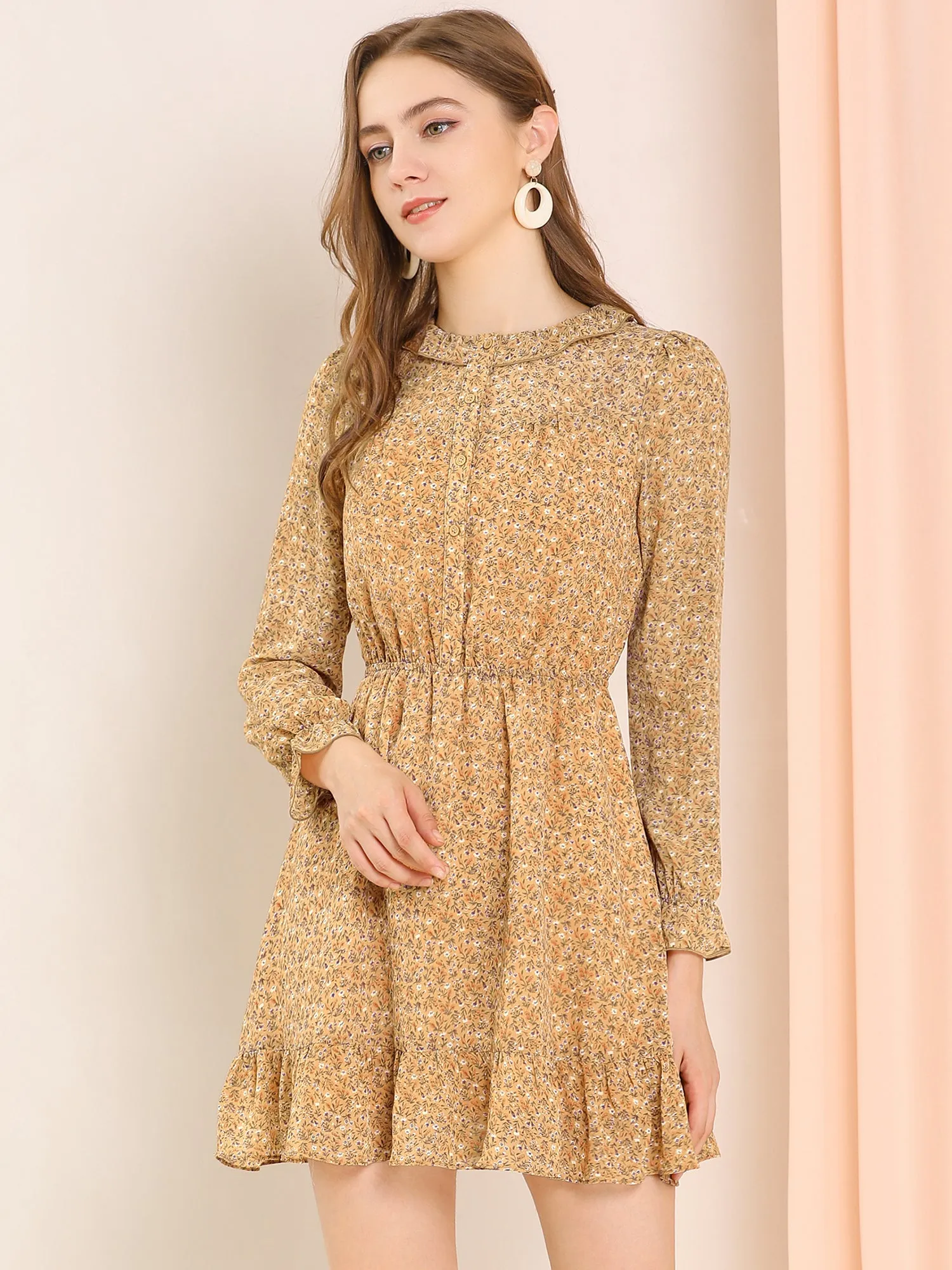 Vintage Floral Crew Neck Long Sleeve Chiffon Peasant Ruffle Hem Dress sold by Allegra K product image thumbnail 4