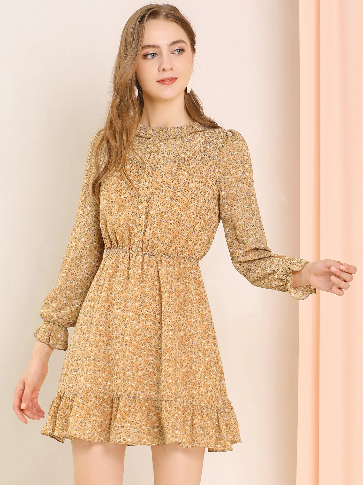 Vintage Floral Crew Neck Long Sleeve Chiffon Peasant Ruffle Hem Dress sold by Allegra K product image thumbnail 3