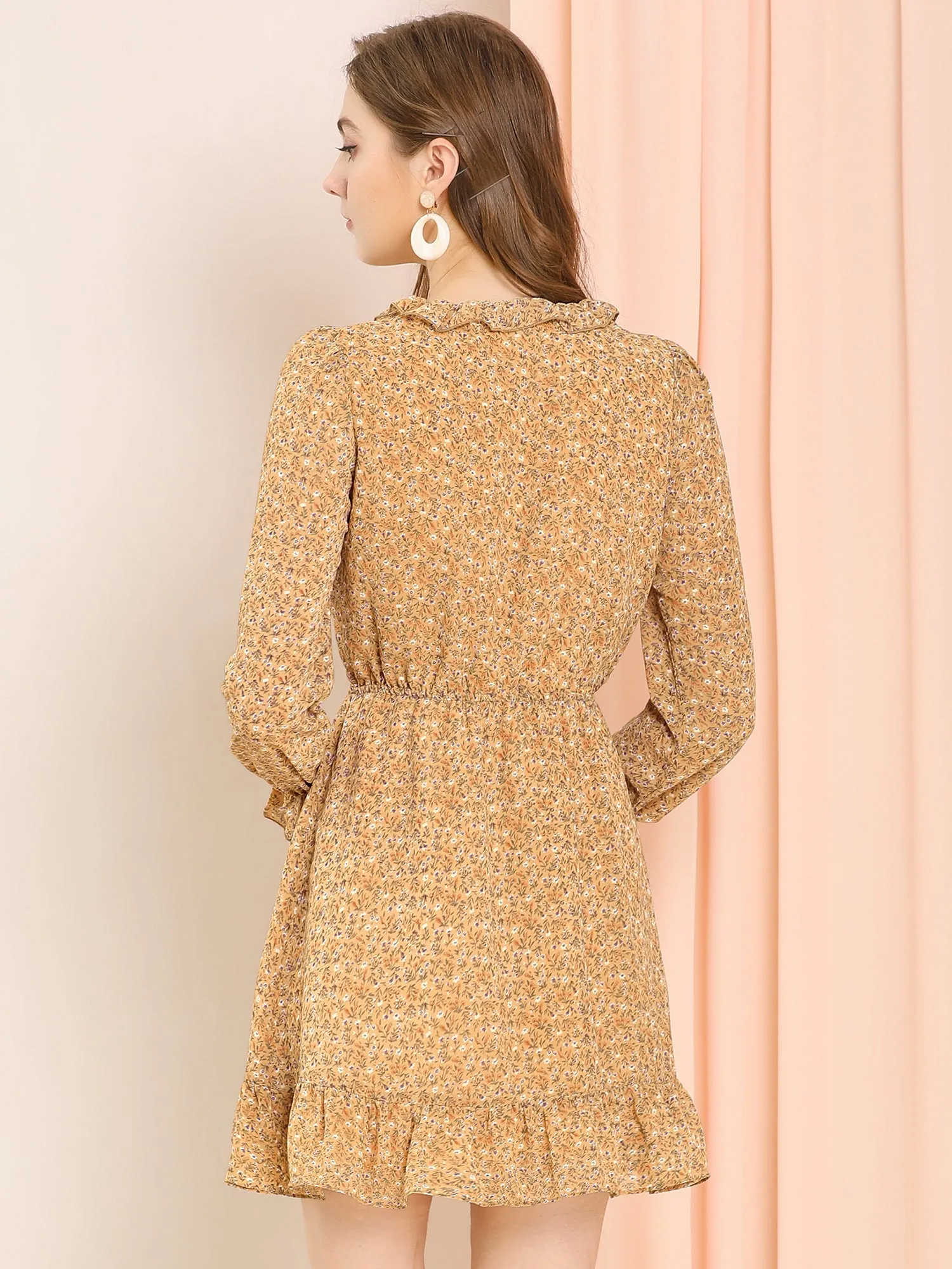 Vintage Floral Crew Neck Long Sleeve Chiffon Peasant Ruffle Hem Dress sold by Allegra K product image thumbnail 5