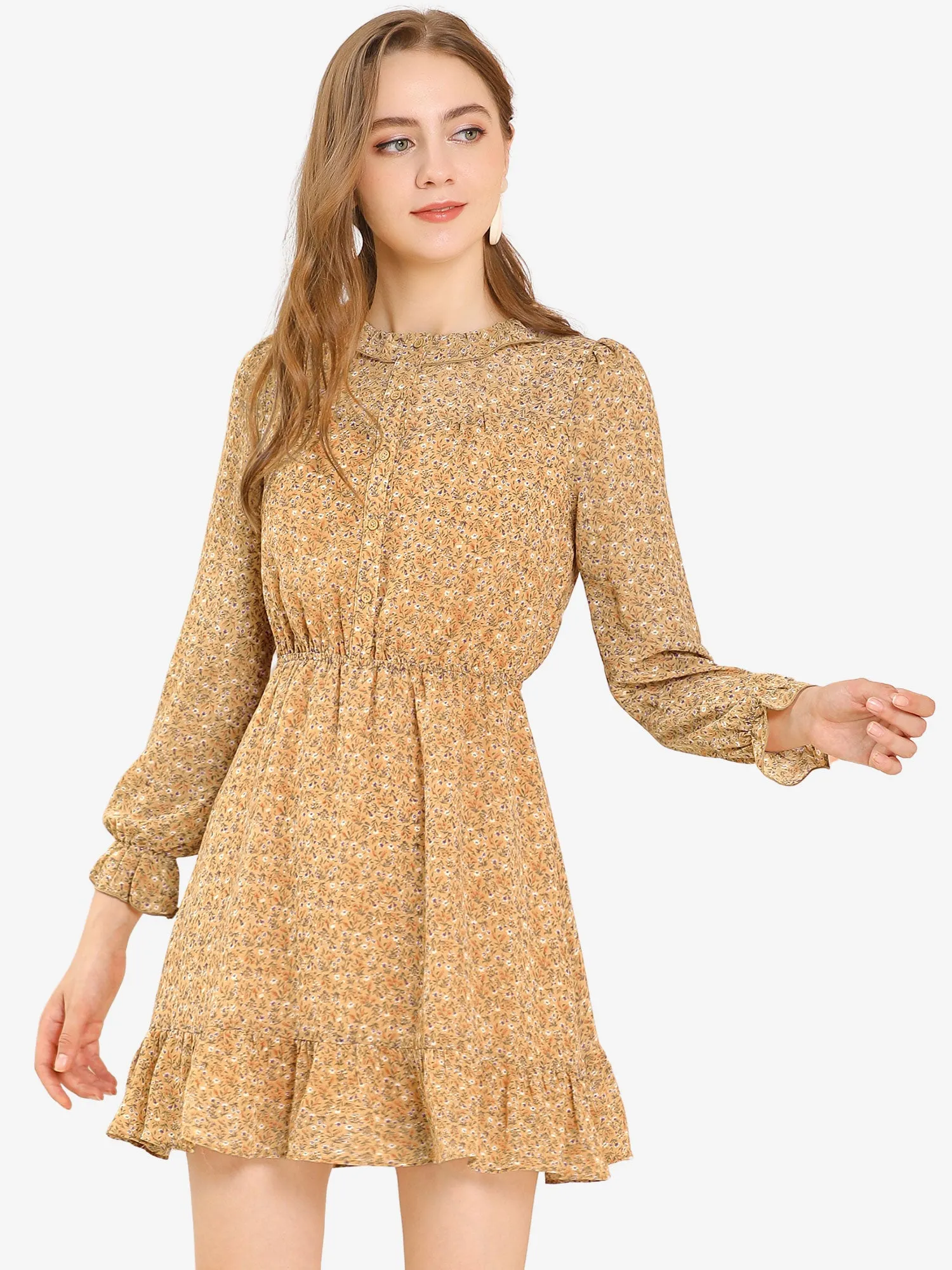 Vintage Floral Crew Neck Long Sleeve Chiffon Peasant Ruffle Hem Dress sold by Allegra K