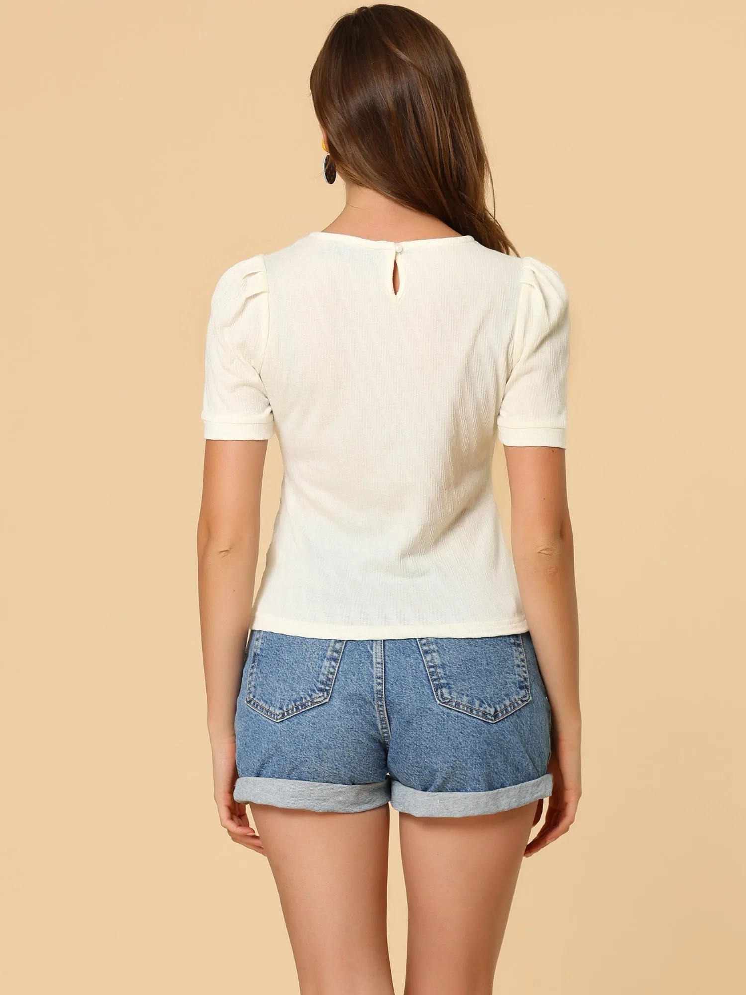 Summer Solid Short Sleeve Crew Neck Textured Knit Blouse sold by Allegra K product image thumbnail 5