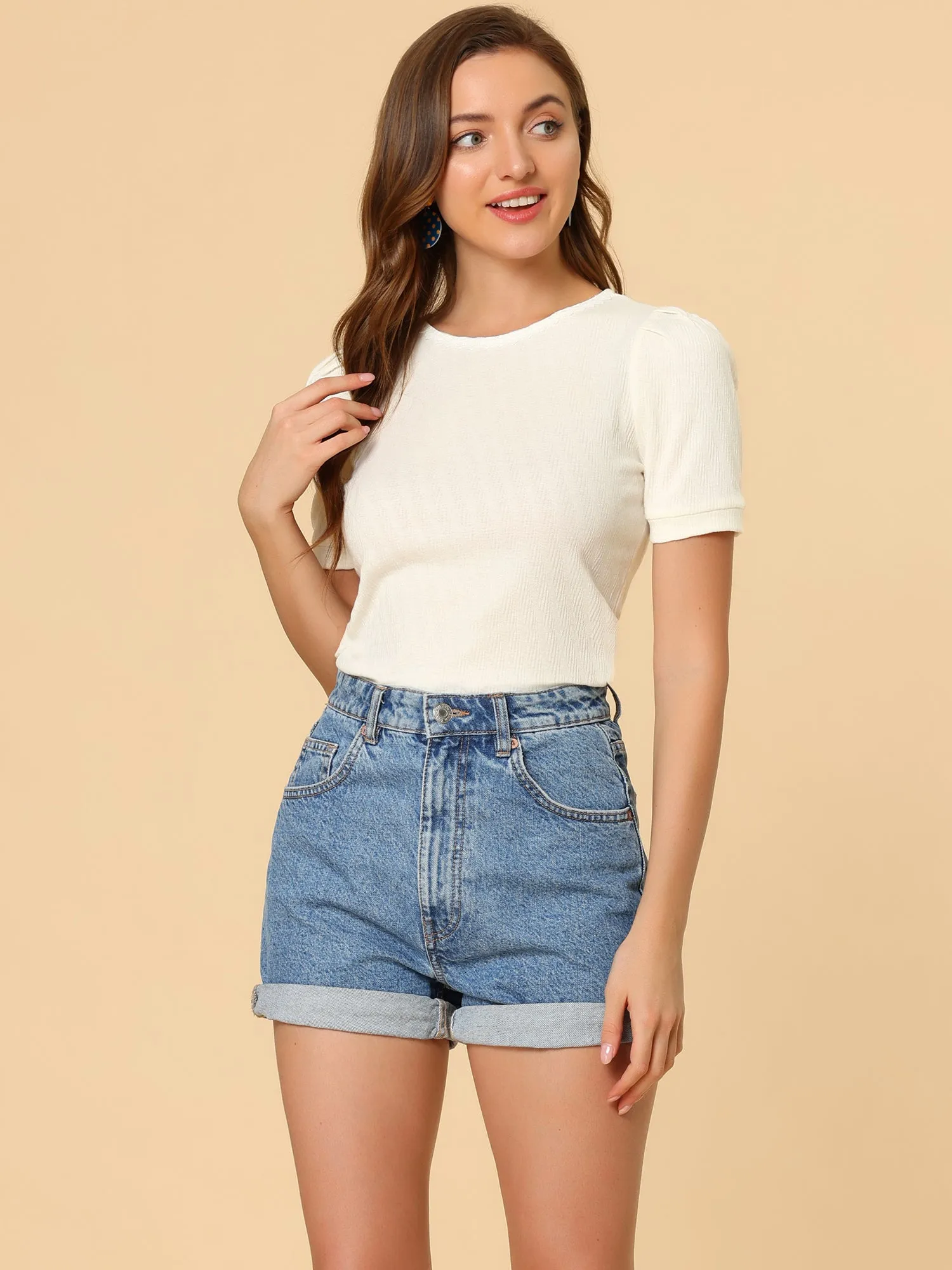 Summer Solid Short Sleeve Crew Neck Textured Knit Blouse sold by Allegra K product image thumbnail 3