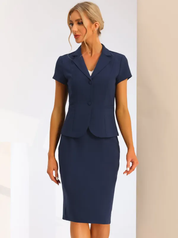 2 Piece Short Sleeve Notched Lapel Blazer Jacket & Pencil Midi Skirt Suit Set sold by Allegra K