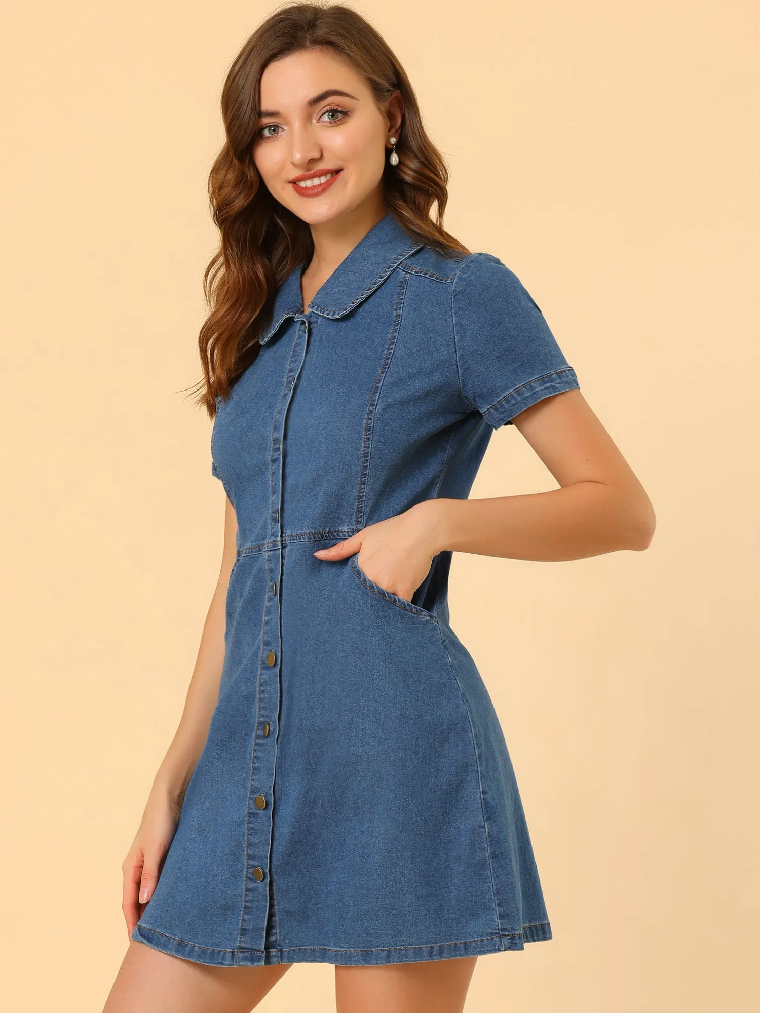 Denim Peter Pan Collar Button Up Short Sleeve Dress sold by Allegra K product image thumbnail 2