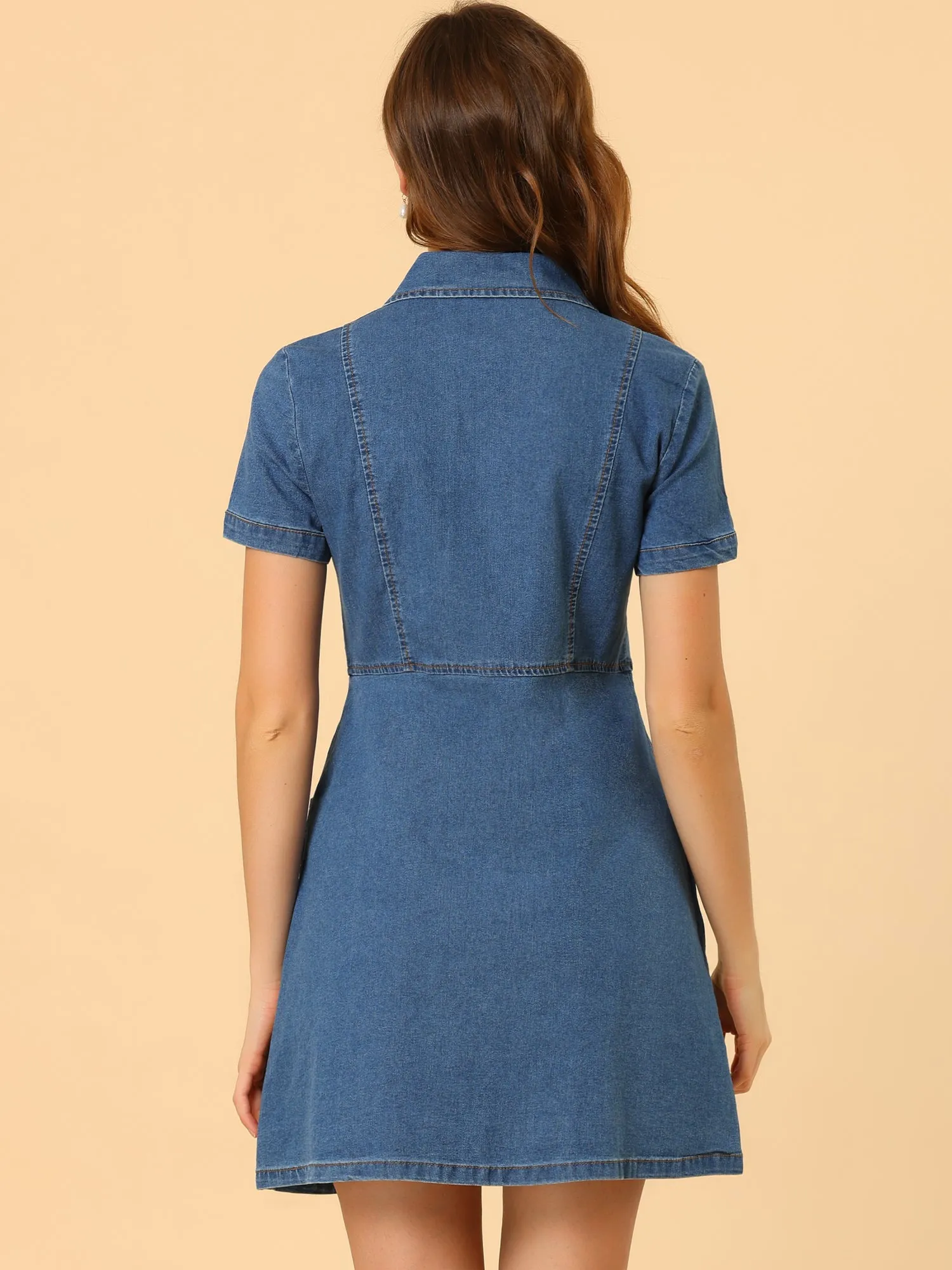 Denim Peter Pan Collar Button Up Short Sleeve Dress sold by Allegra K product image thumbnail 4