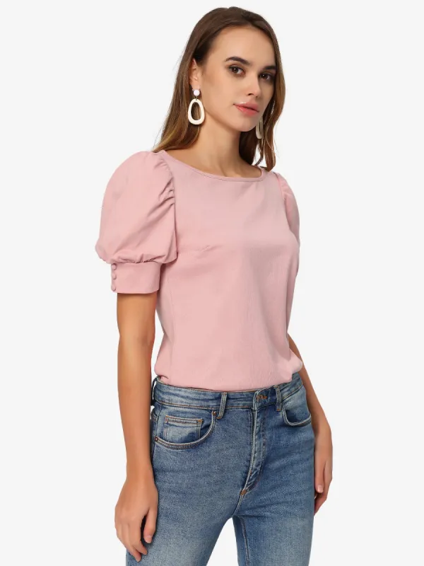 Puff Sleeve Blouse Top Summer Casual Boat Neck T Shirt sold by Allegra K
