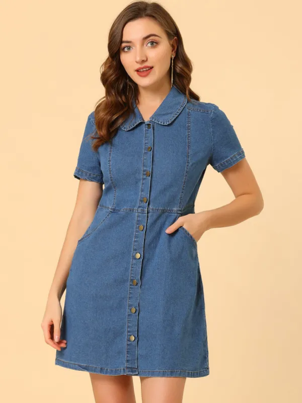 Denim Peter Pan Collar Button Up Short Sleeve Dress sold by Allegra K