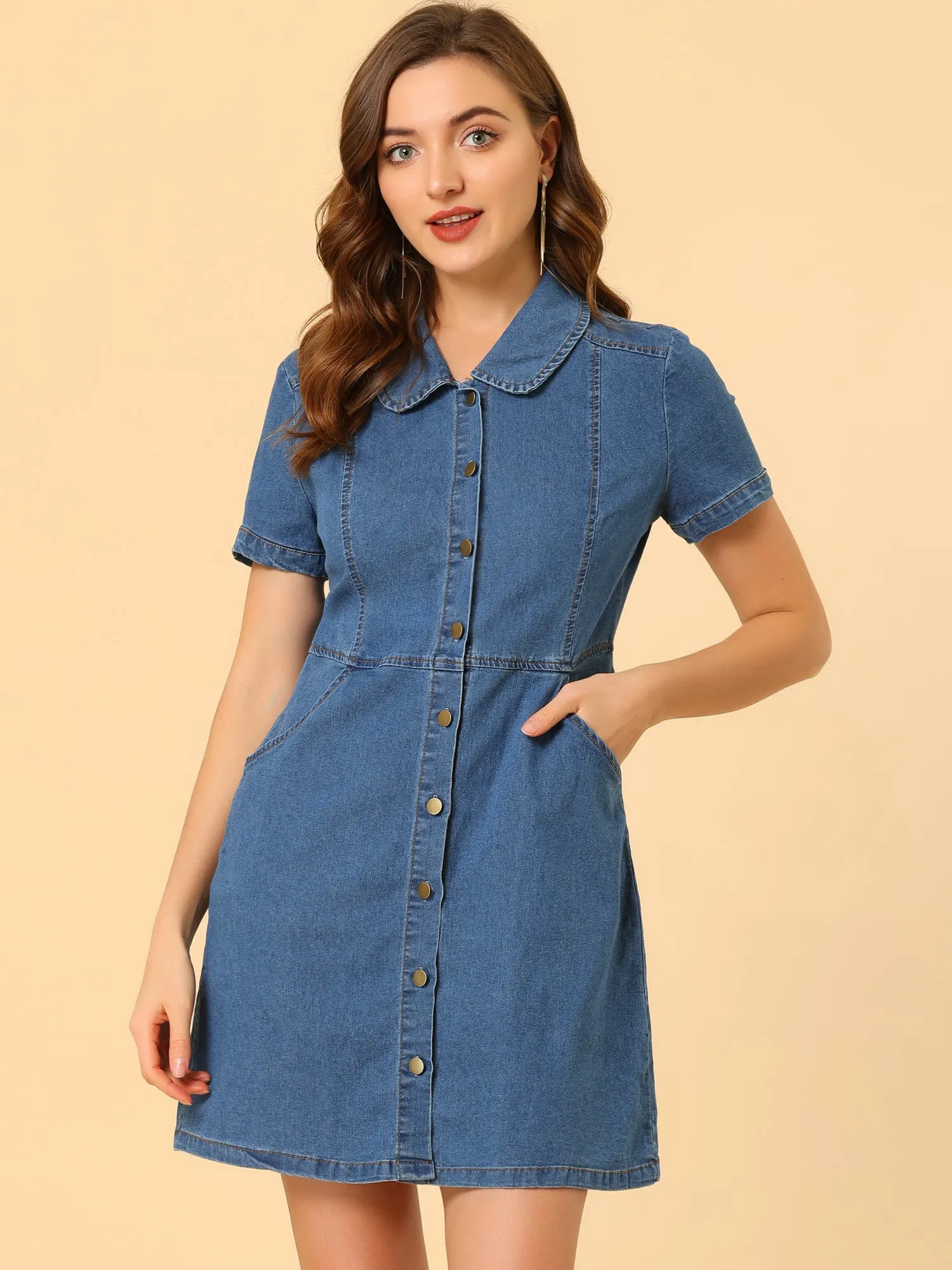 Denim Peter Pan Collar Button Up Short Sleeve Dress sold by Allegra K