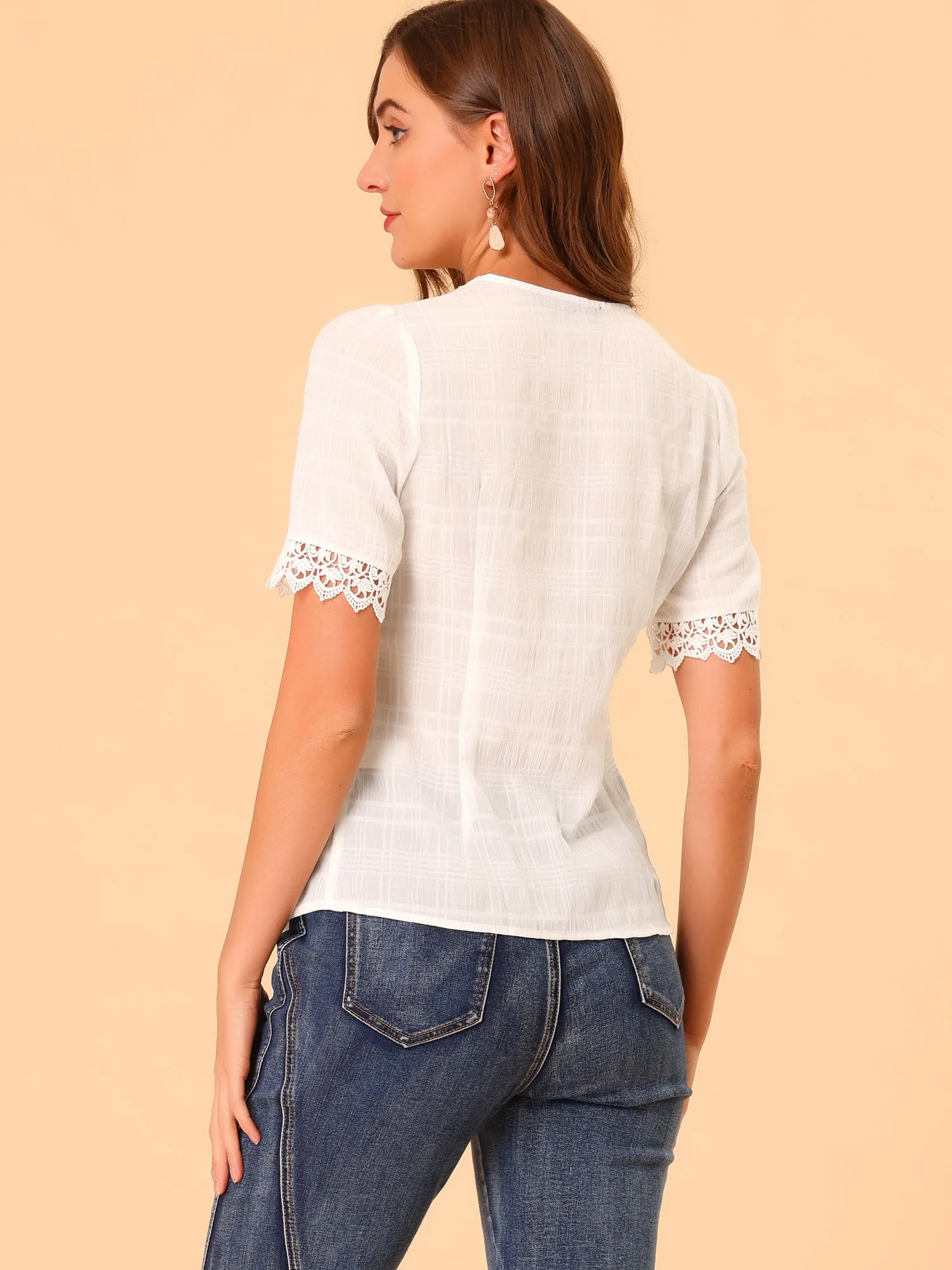 Work Blouse V Neck Short Sleeve Lace Crochet Shirt Top sold by Allegra K product image thumbnail 3