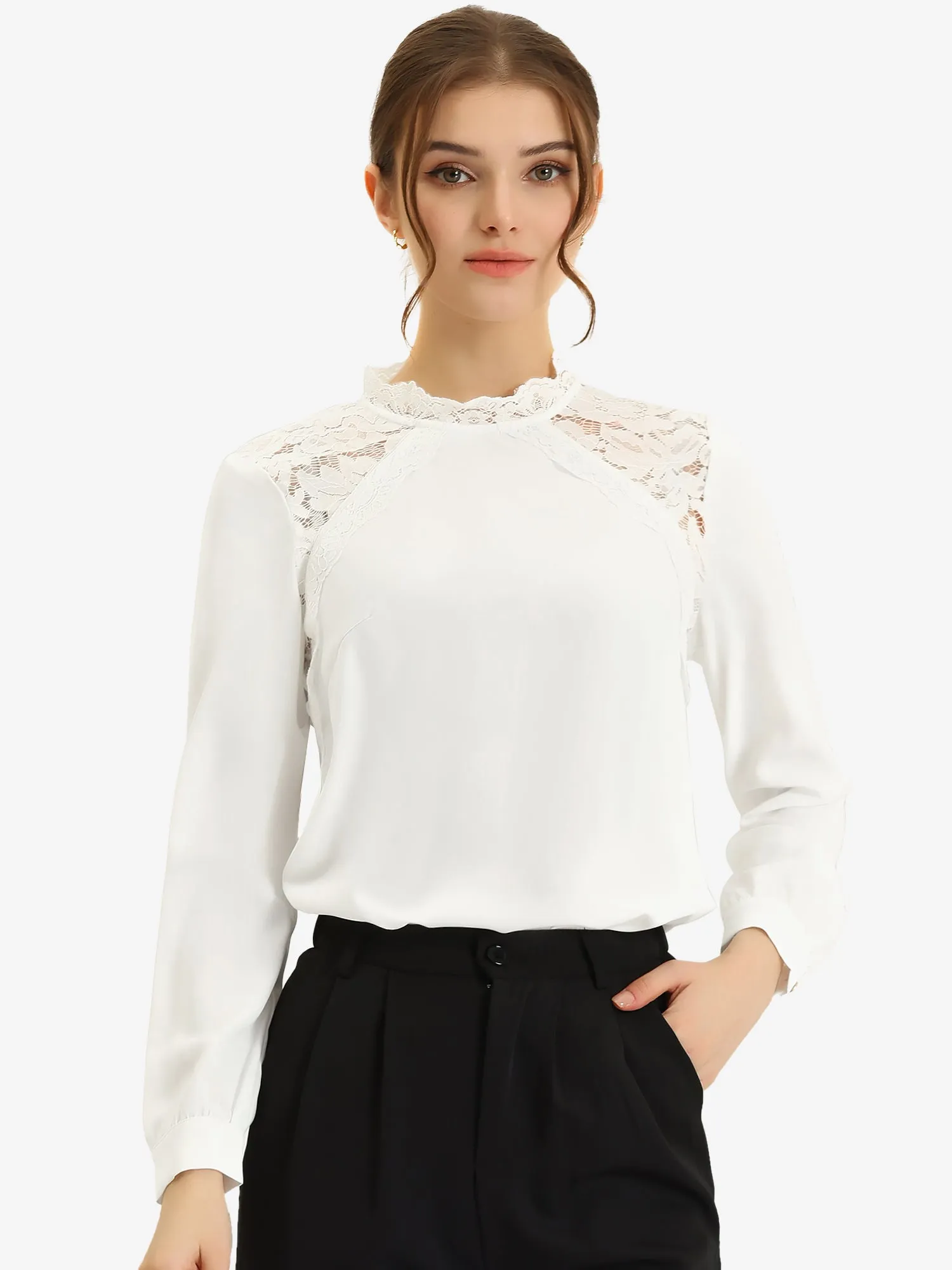 Elegant Long Sleeve Lace Panel Stand Collar Blouse sold by Allegra K