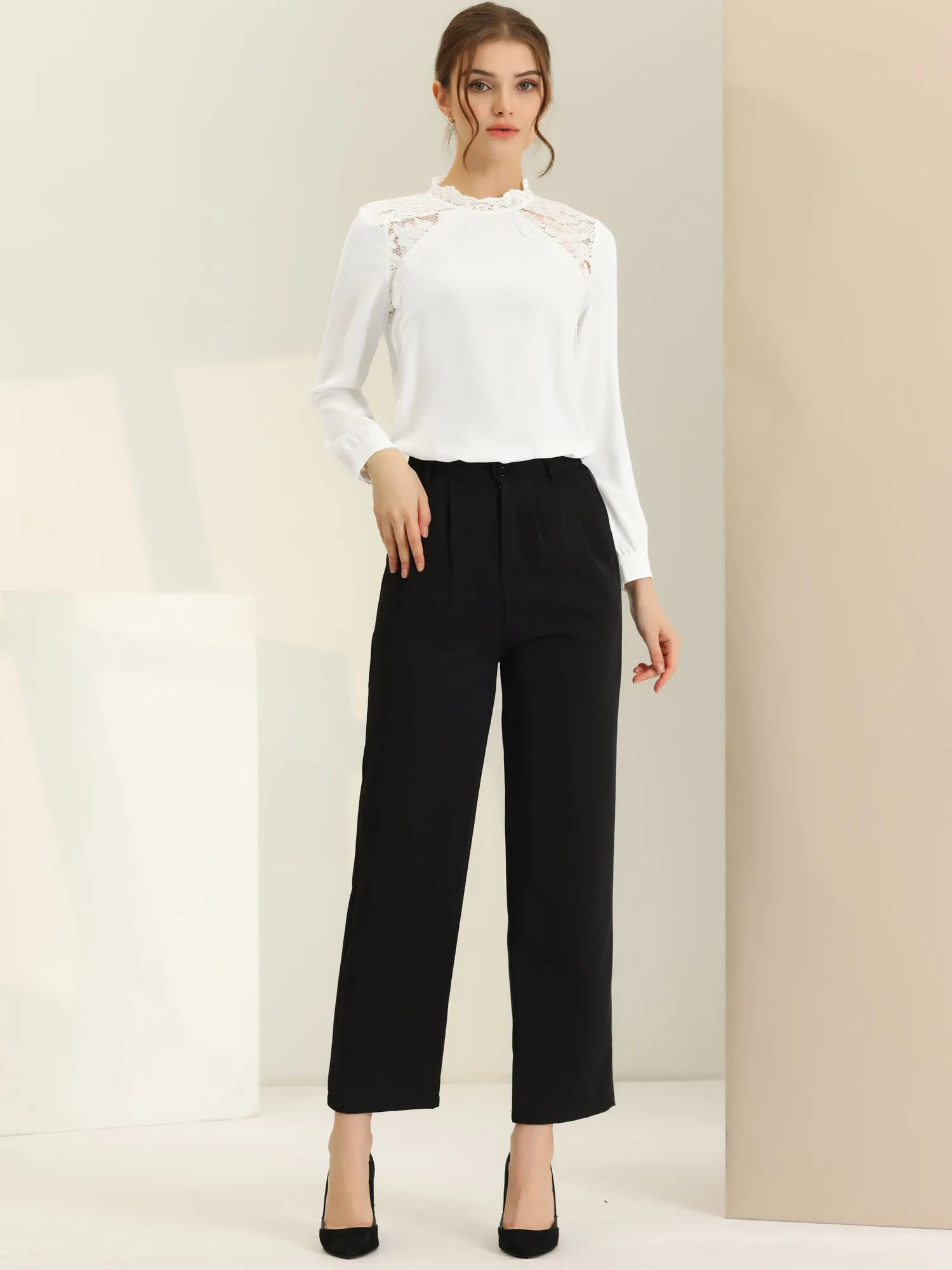 Elegant Long Sleeve Lace Panel Stand Collar Blouse sold by Allegra K product image thumbnail 4