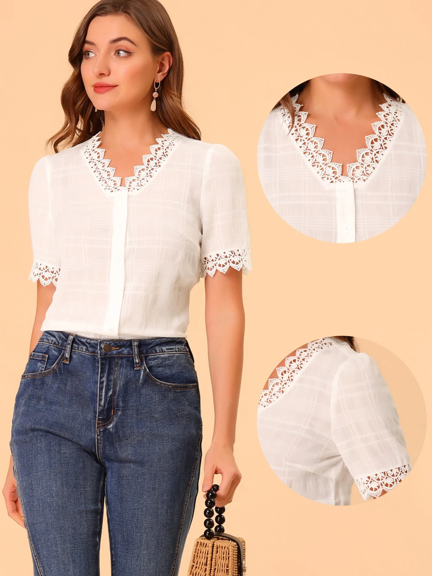 Work Blouse V Neck Short Sleeve Lace Crochet Shirt Top sold by Allegra K product image thumbnail 2