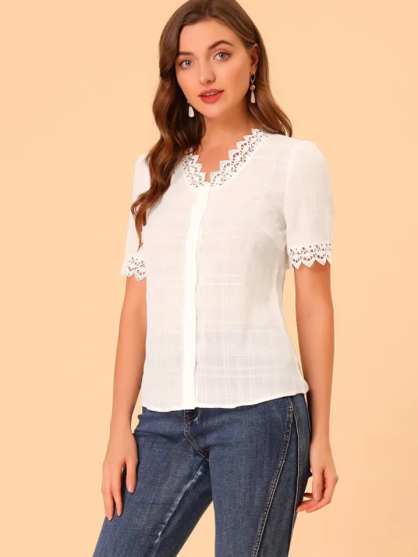 Work Blouse V Neck Short Sleeve Lace Crochet Shirt Top sold by Allegra K