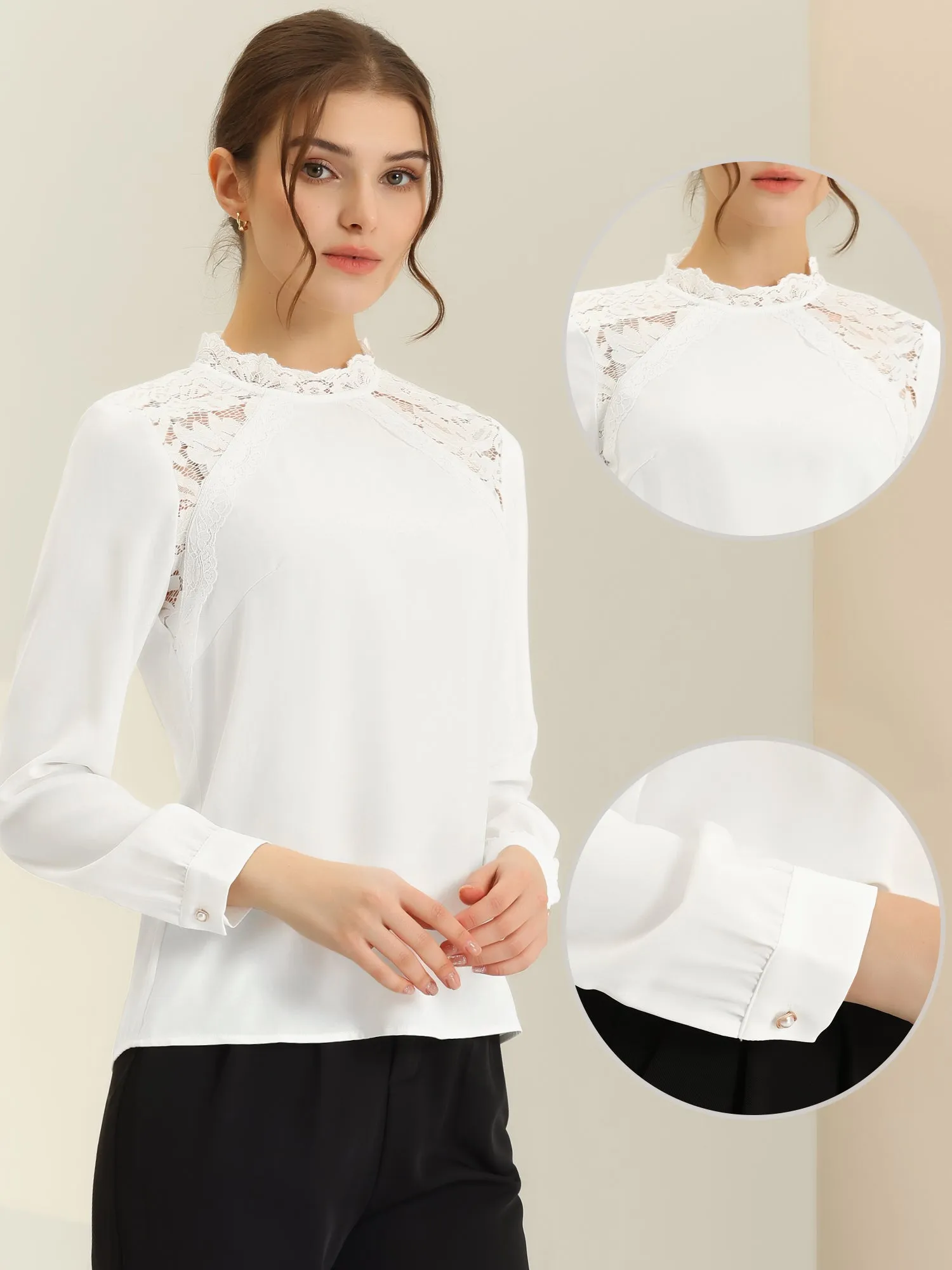 Elegant Long Sleeve Lace Panel Stand Collar Blouse sold by Allegra K product image thumbnail 2