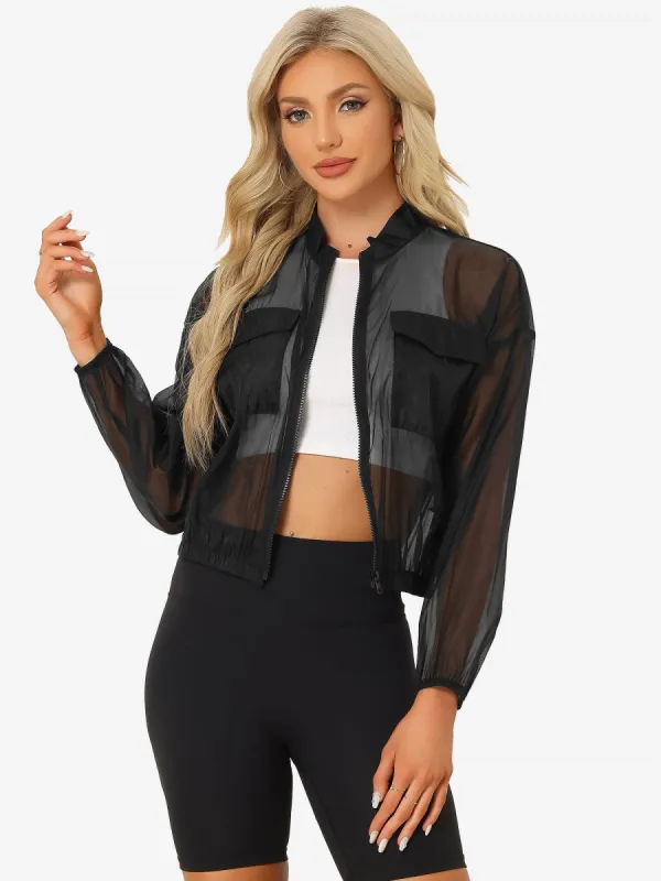 Sheer Zip Up Long Sleeve See Through Bomber Jacket sold by Allegra K