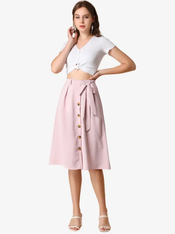 Button Front Casual High Waist Belted Midi Flare Skirt sold by Allegra K