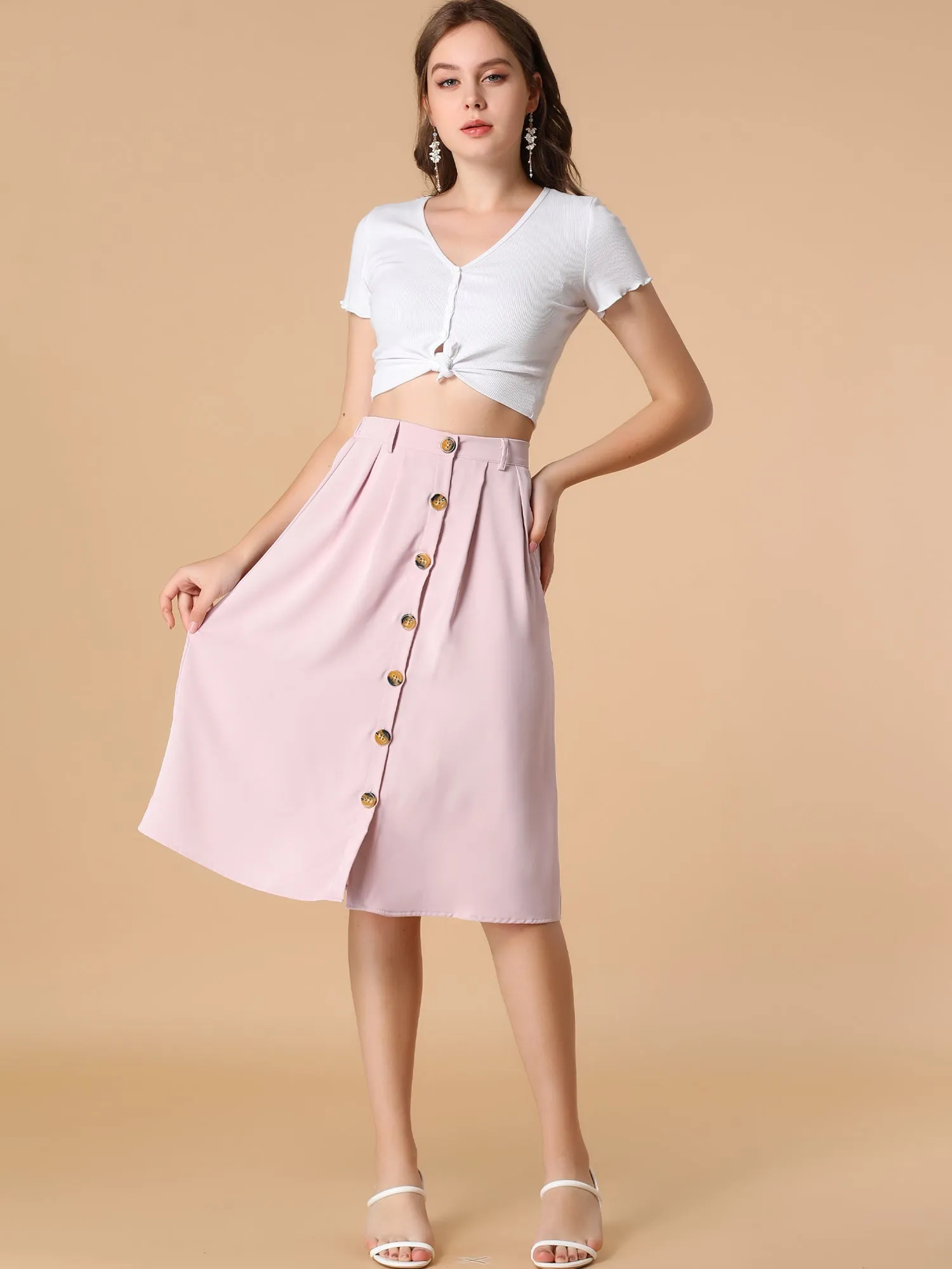 Button Front Casual High Waist Belted Midi Flare Skirt sold by Allegra K product image thumbnail 3