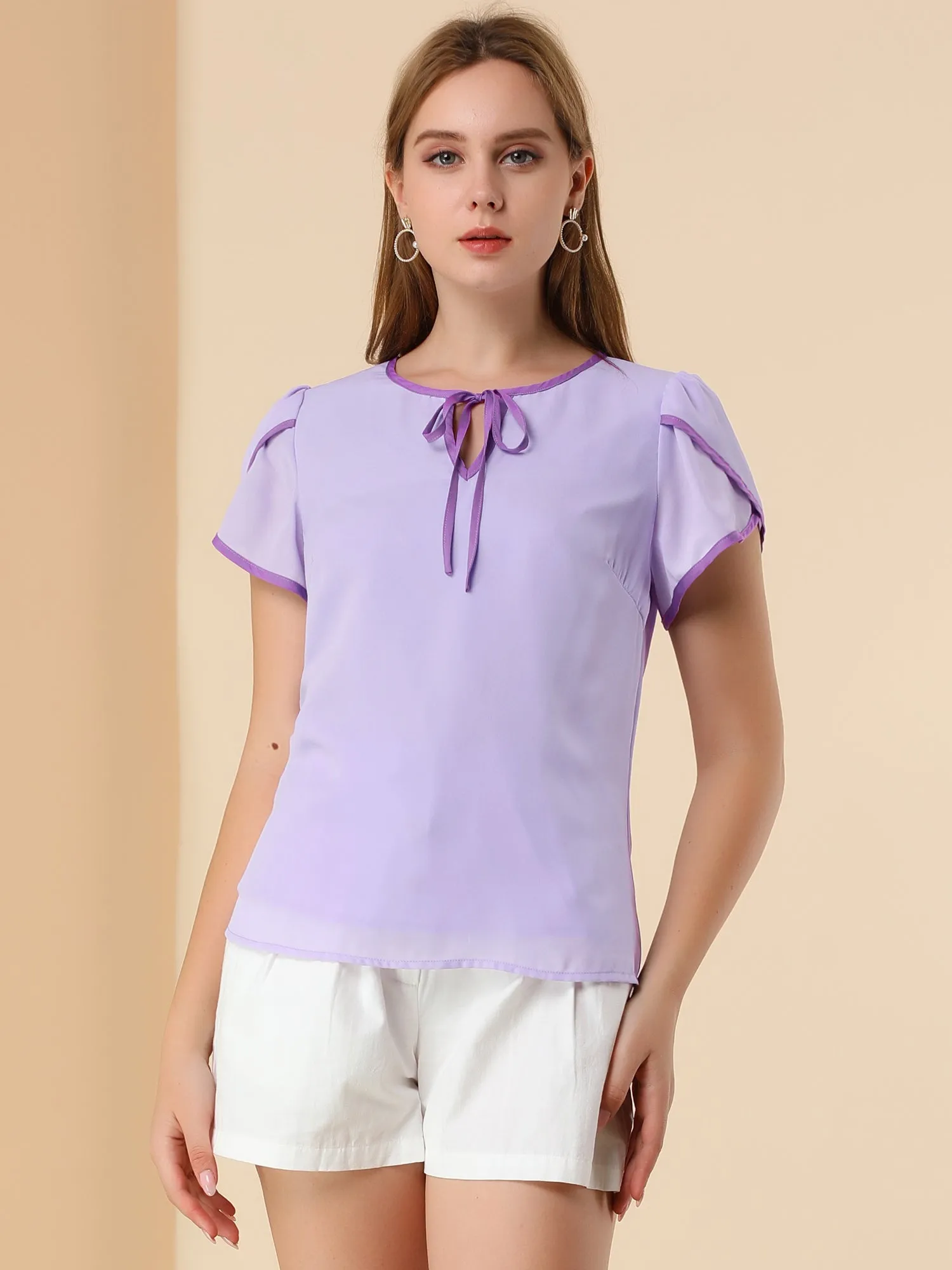Chiffon Blouse Petal Self Tie Neck Keyhole Cap Sleeve Top sold by Allegra K product image thumbnail 2