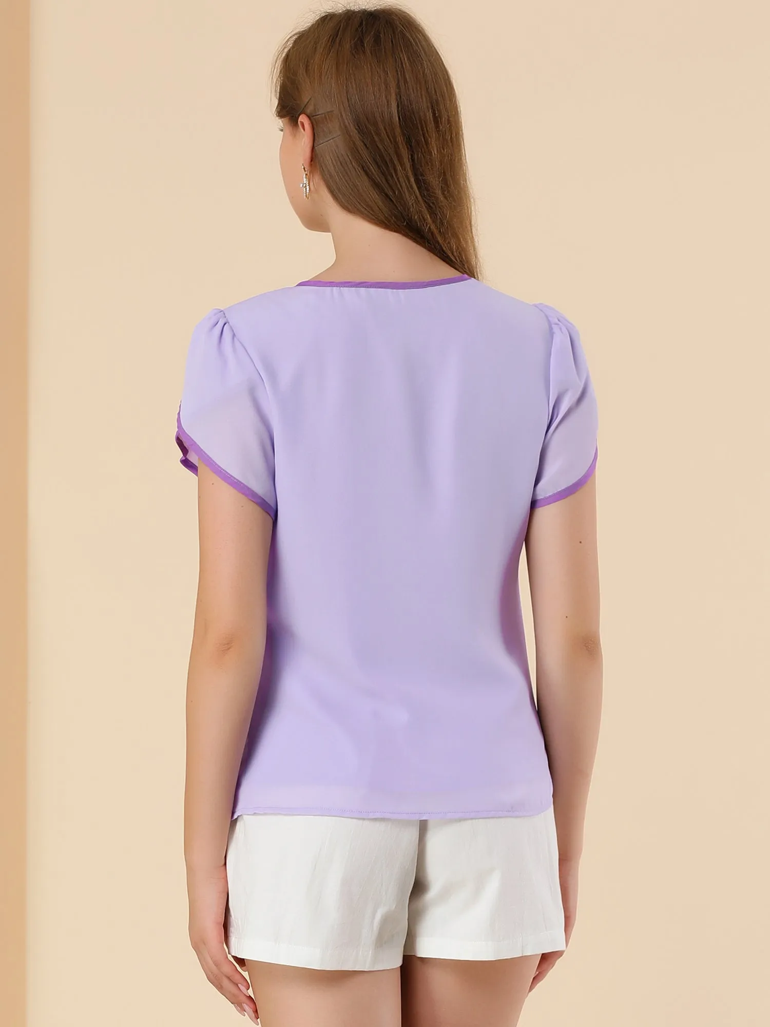 Chiffon Blouse Petal Self Tie Neck Keyhole Cap Sleeve Top sold by Allegra K product image thumbnail 5