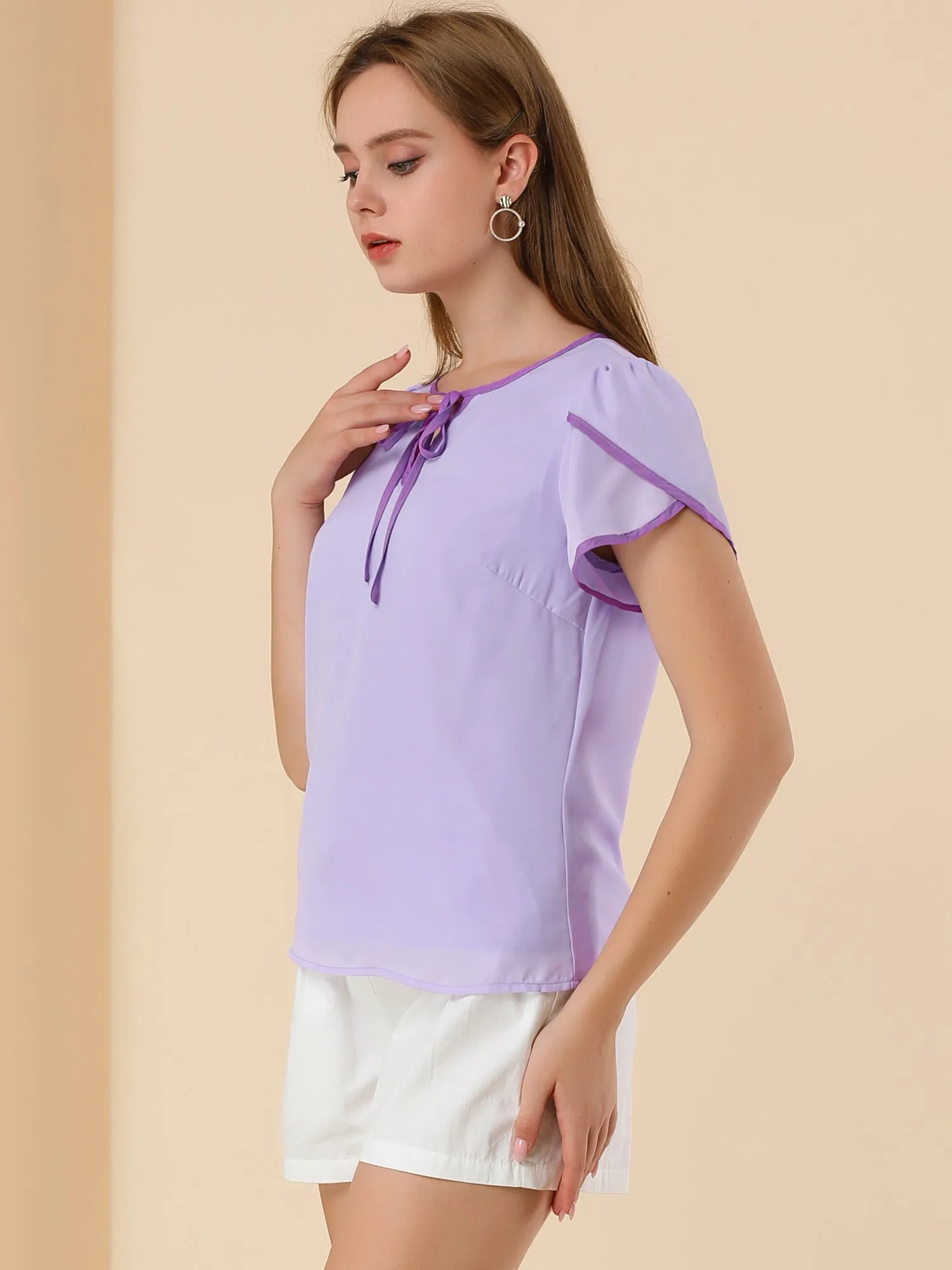 Chiffon Blouse Petal Self Tie Neck Keyhole Cap Sleeve Top sold by Allegra K product image thumbnail 3
