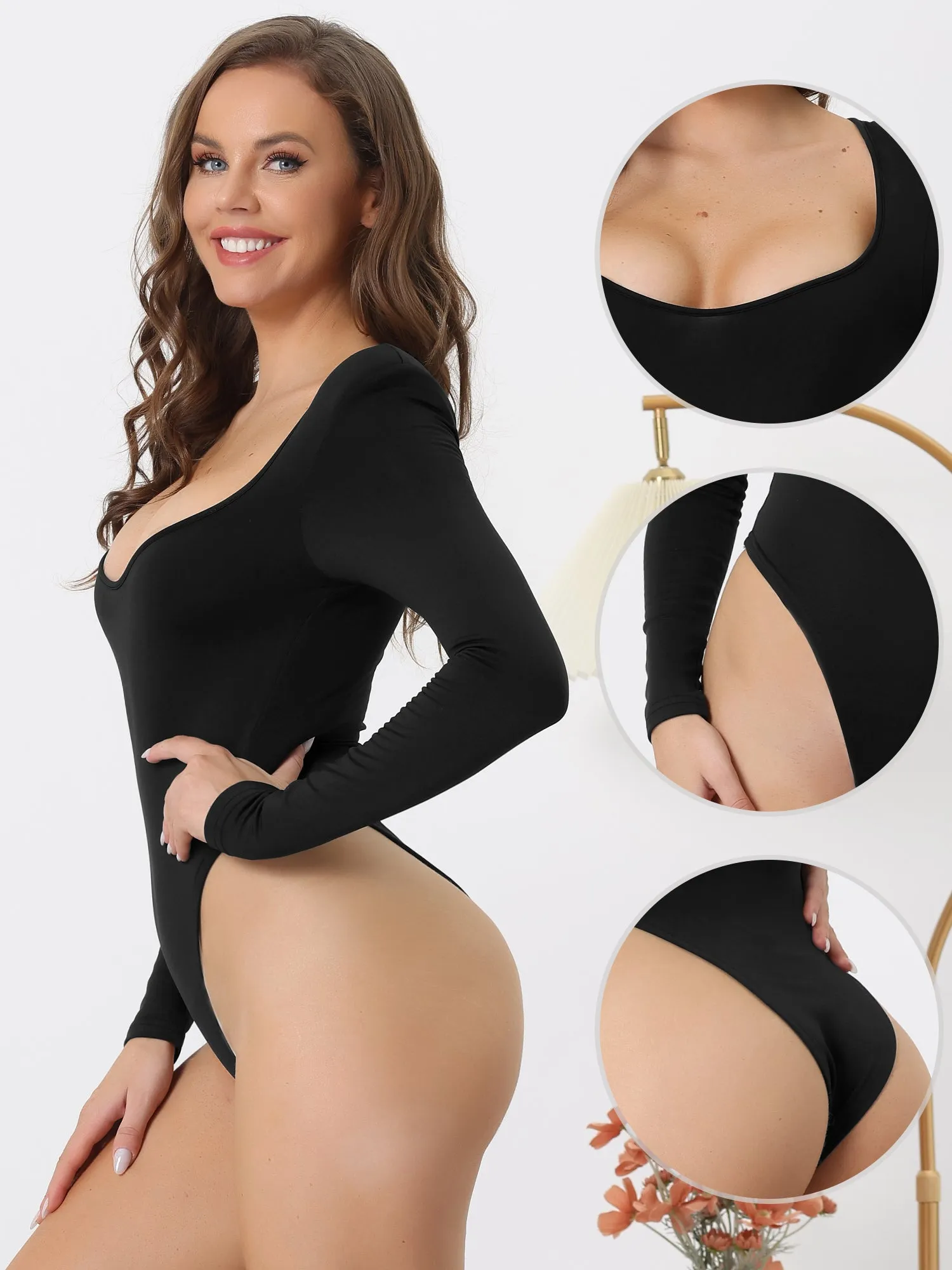 Square Neck Casual Long Sleeve Solid Stretchy Bodysuits sold by Allegra K product image thumbnail 3