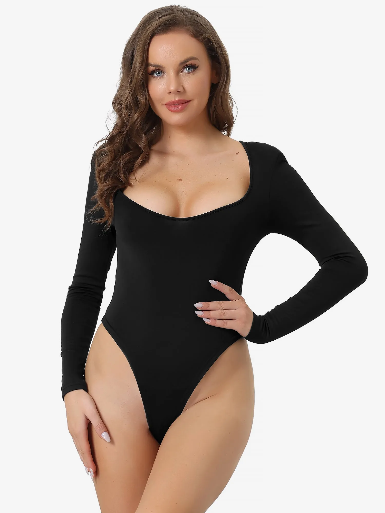 Square Neck Casual Long Sleeve Solid Stretchy Bodysuits sold by Allegra K