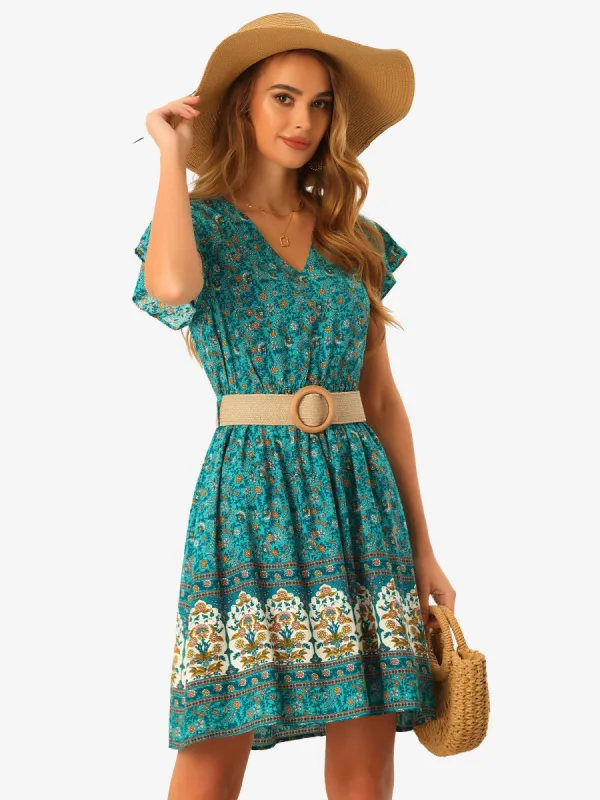 Floral Print Butterfly Sleeve V Neck Belted Boho Summer Dress sold by Allegra K