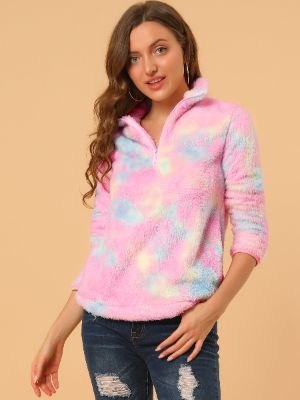 Long Sleeve Tie-Dye Zipper Faux Fur Oversized Sweatshirt Jacket sold by Allegra K