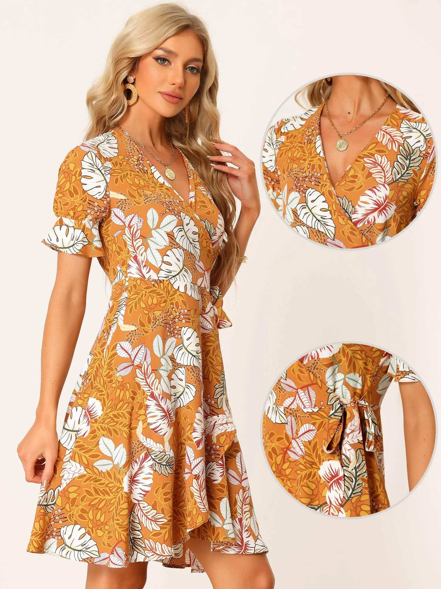 Boho Floral Tropical Tulip Hem Puff Short Sleeve Tie Wrap Dress sold by Allegra K product image thumbnail 2