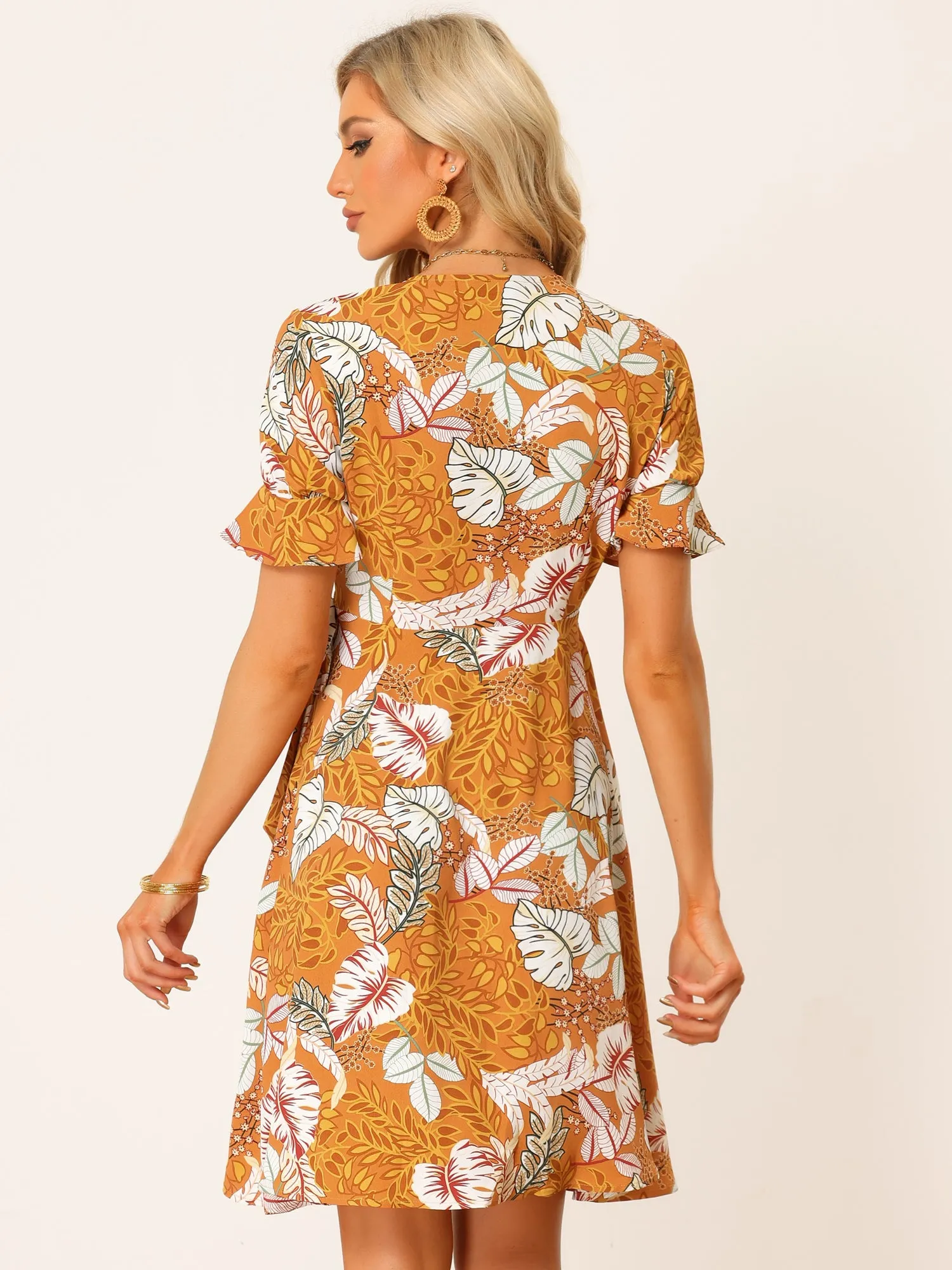 Boho Floral Tropical Tulip Hem Puff Short Sleeve Tie Wrap Dress sold by Allegra K product image thumbnail 3
