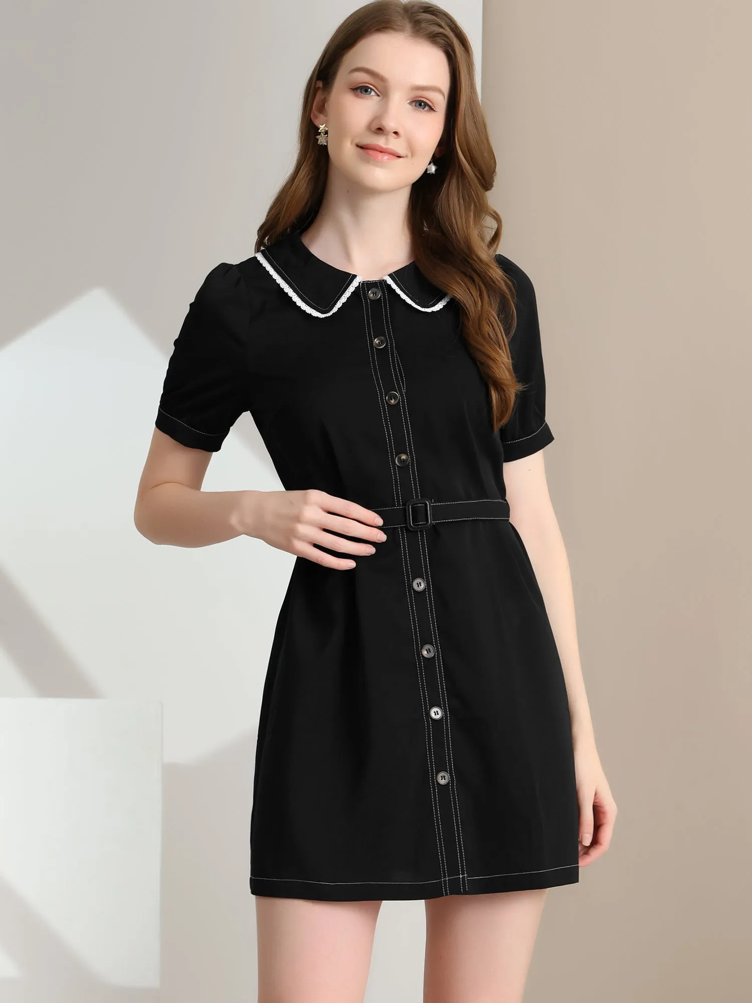 Peter Pan Collar Contrast Tie Belt Button Down Work Shirt Dress sold by Allegra K product image thumbnail 2