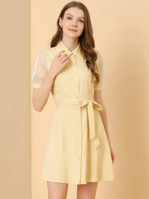 Sheer Short Sleeve Button Up Laple Belted Shirt Dress sold by Allegra K