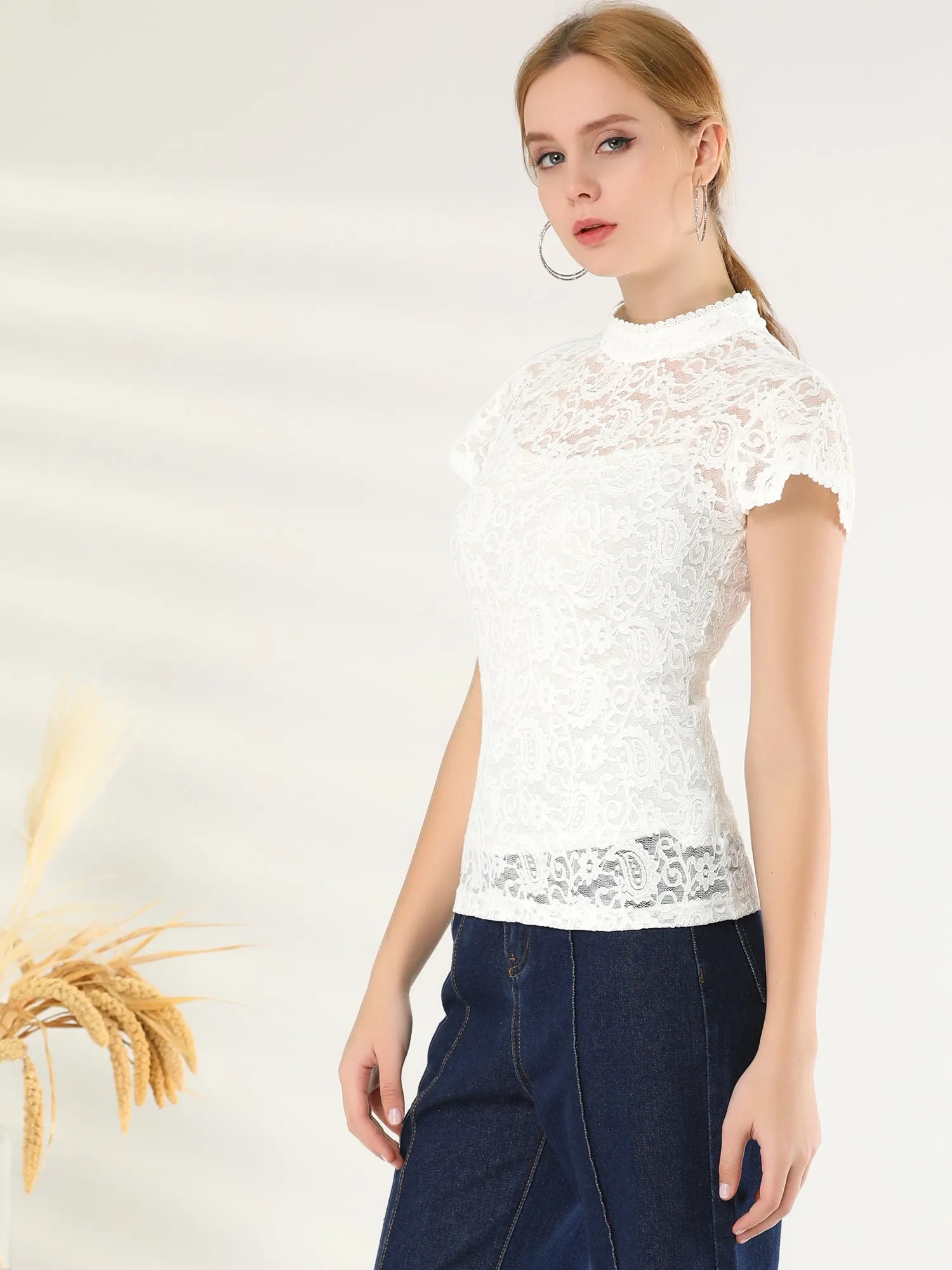 Elegant Floral Lace Short Sleeve Keyhole Back Fitted Blouse sold by Allegra K product image thumbnail 3