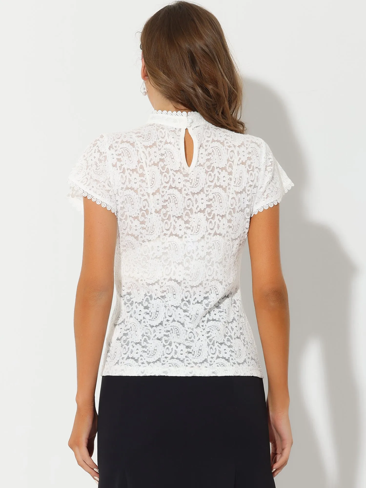 Elegant Floral Lace Short Sleeve Keyhole Back Fitted Blouse sold by Allegra K product image thumbnail 4