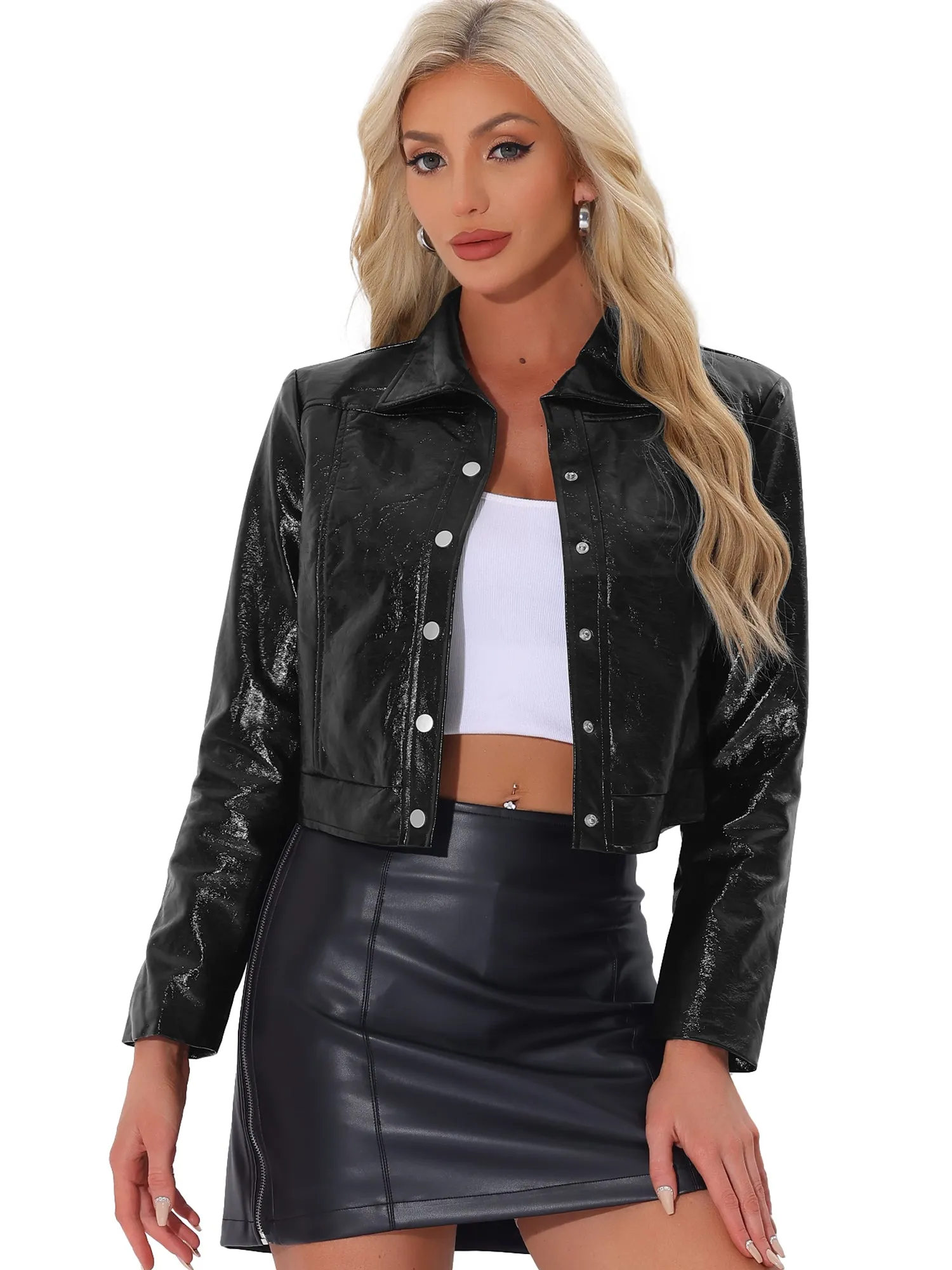Long Sleeve PU Faux Leather Cropped Moto Jacket sold by Allegra K product image thumbnail 5