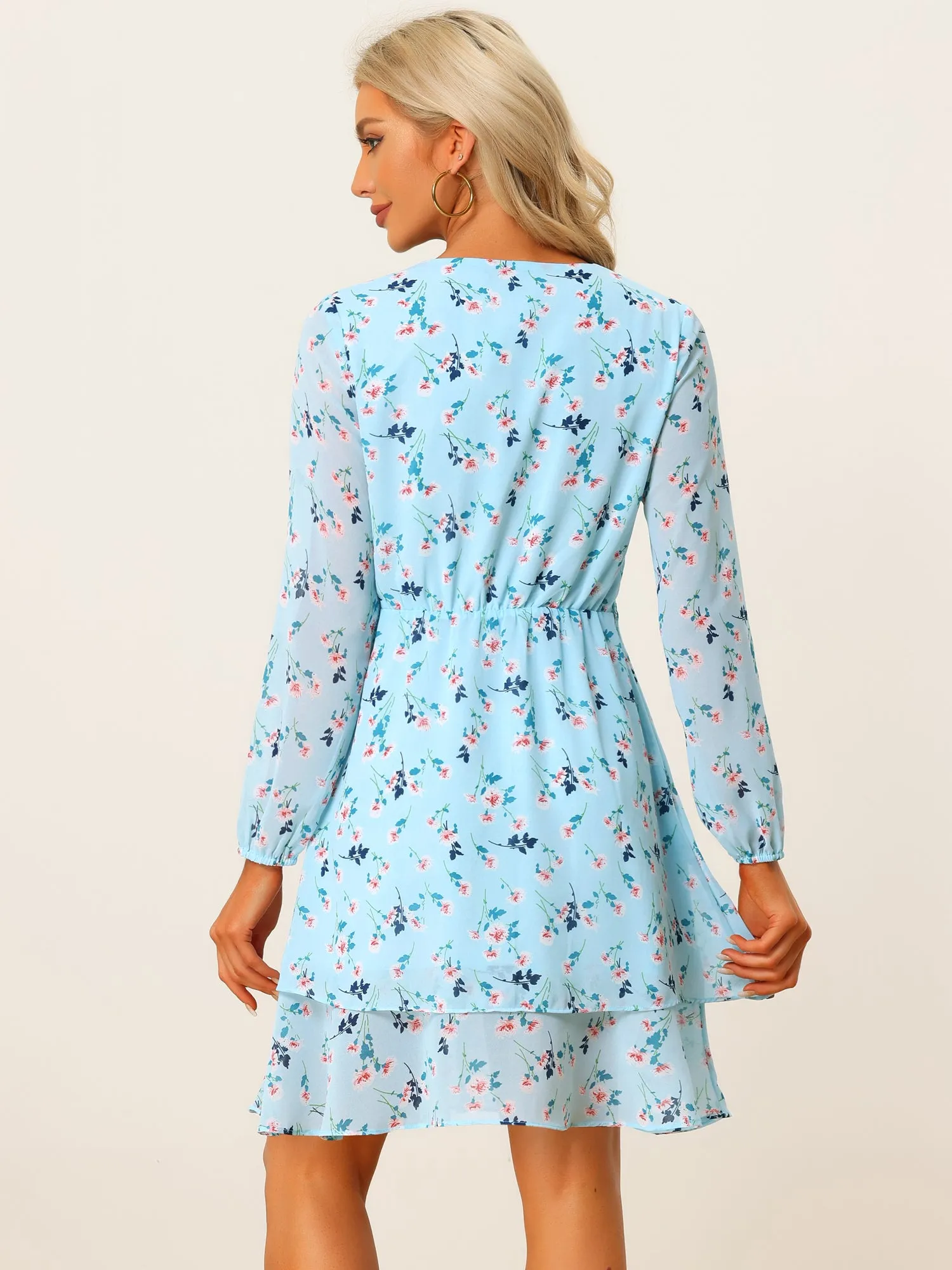 Summer V Neck Belted Layered Tiered Chiffon Floral Dress sold by Allegra K product image thumbnail 3