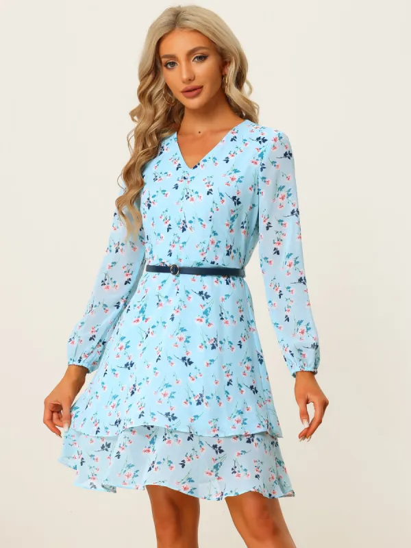 Summer V Neck Belted Layered Tiered Chiffon Floral Dress sold by Allegra K