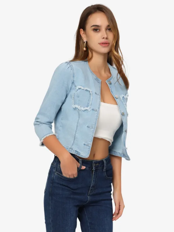 Denim 3/4 Sleeves Frayed Casual Collarless Cropped Jean Jacket sold by Allegra K