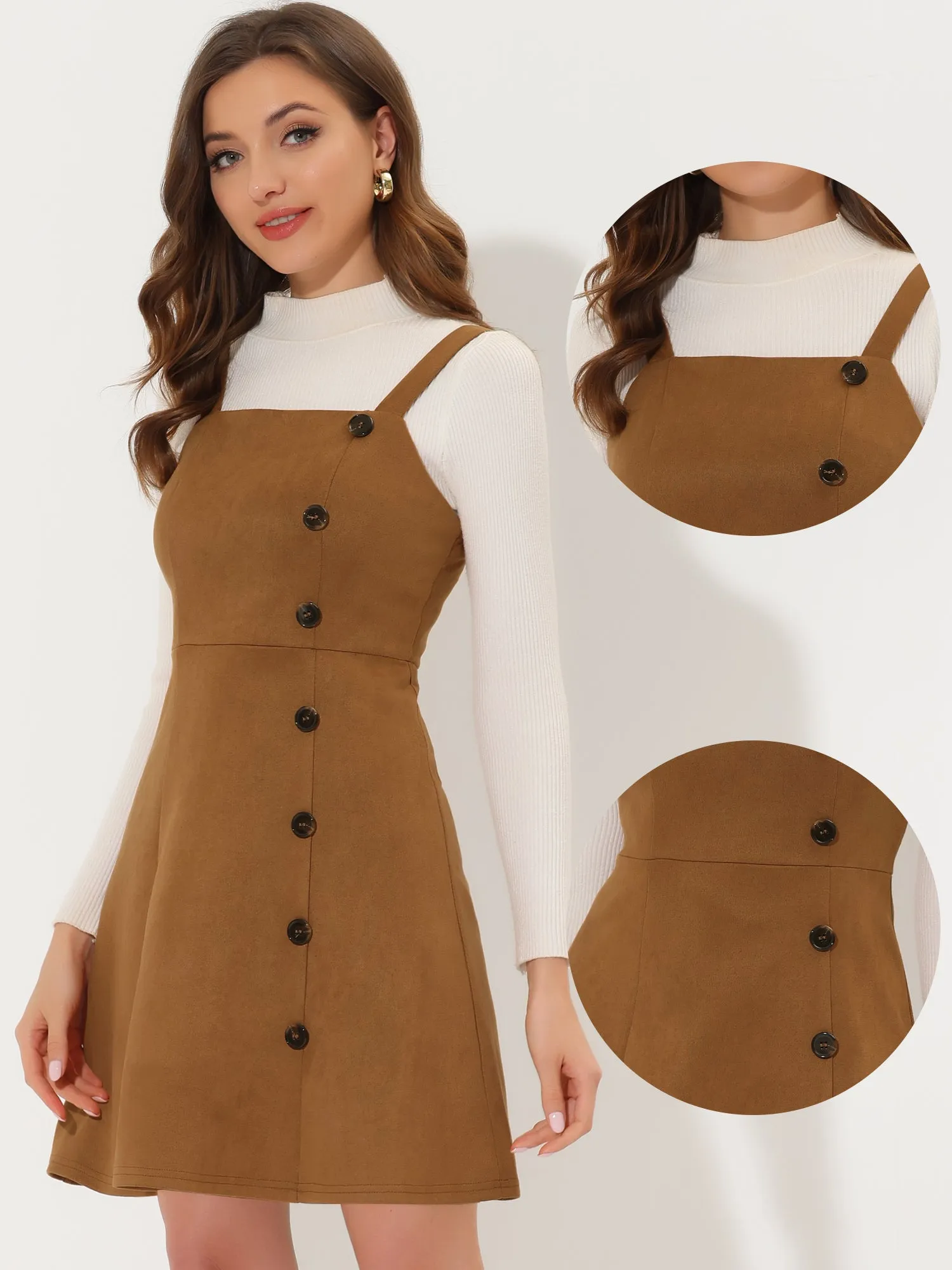 Faux Suede Button Above Knee A-Line Pinafore Overall Dress sold by Allegra K